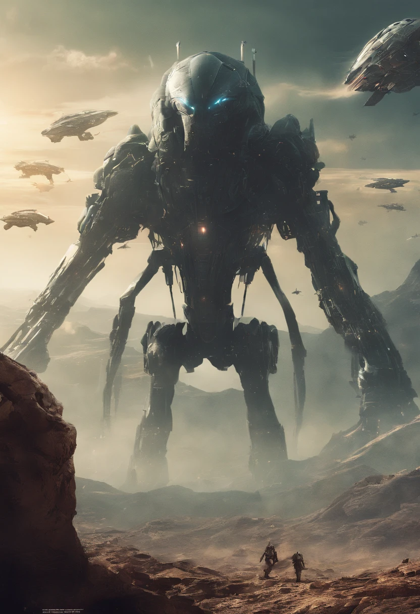 Craft a captivating movie poster that depicts the epic clash between humanity and an advanced alien race. Showcase the looming threat of the alien invaders, the resilience of human defenders, and the otherworldly technology and landscapes, capturing the essence of an intergalactic war for survival