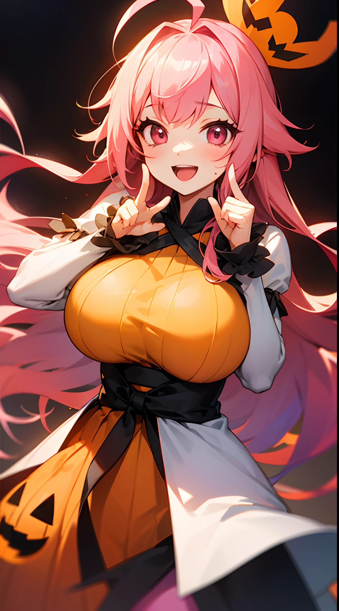 1 girl, game CG, orange Halloween costume, gigantic breasts, pink hair, long hair, straight hair, princess hairstyle, ahoge, pink eyes, smile, open mouth, hand gestures,