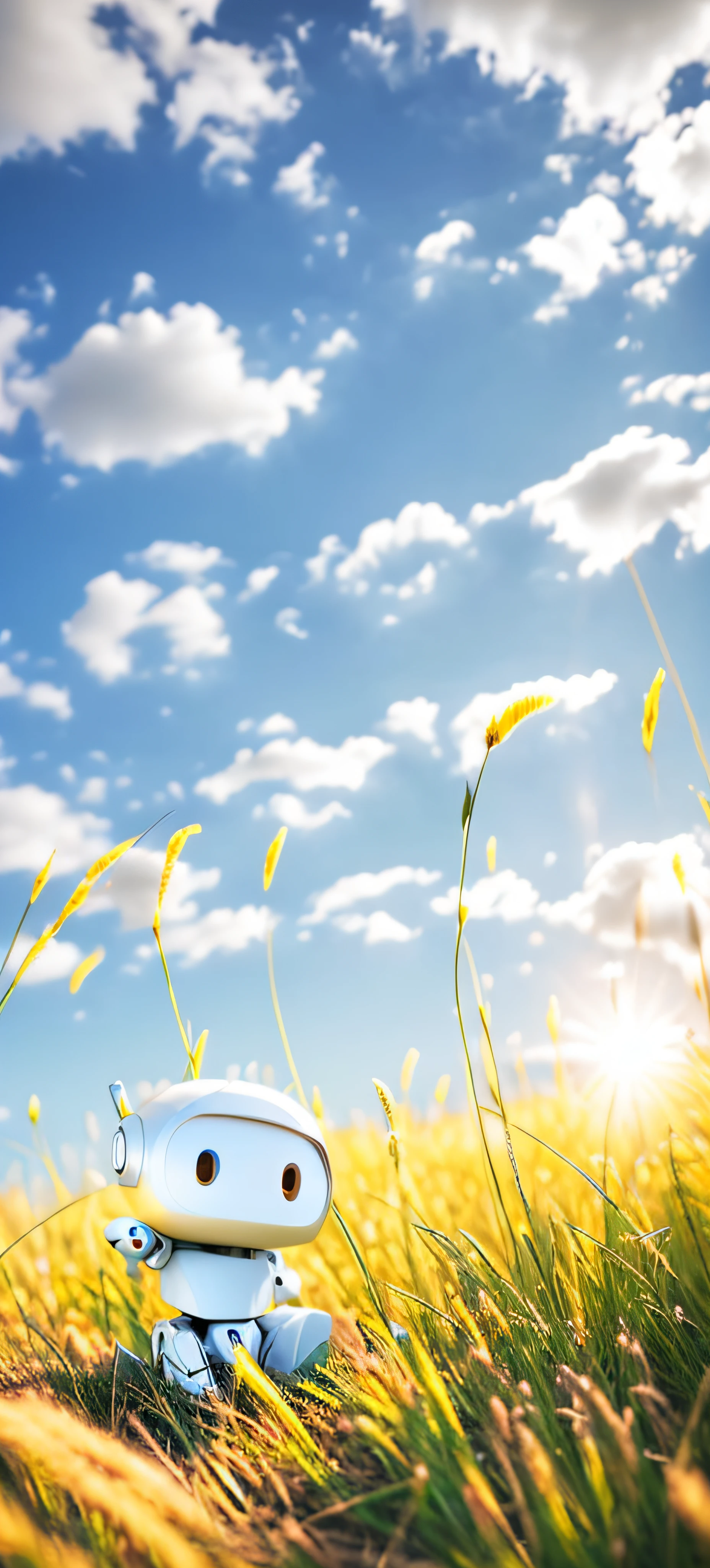 white robot，A small white robot stood in the grass，Robot 2 hands，summer morning light, summer morning, sitting in a field, in a field, on a grassy field, meadow in the background,, landscape in background, serene field setting, at summer afternoon, Sunny morning, Good morning, sunny morning light, Clean composition, You can see a small part of the blue sky，Blue sky，Oblique composition，number art