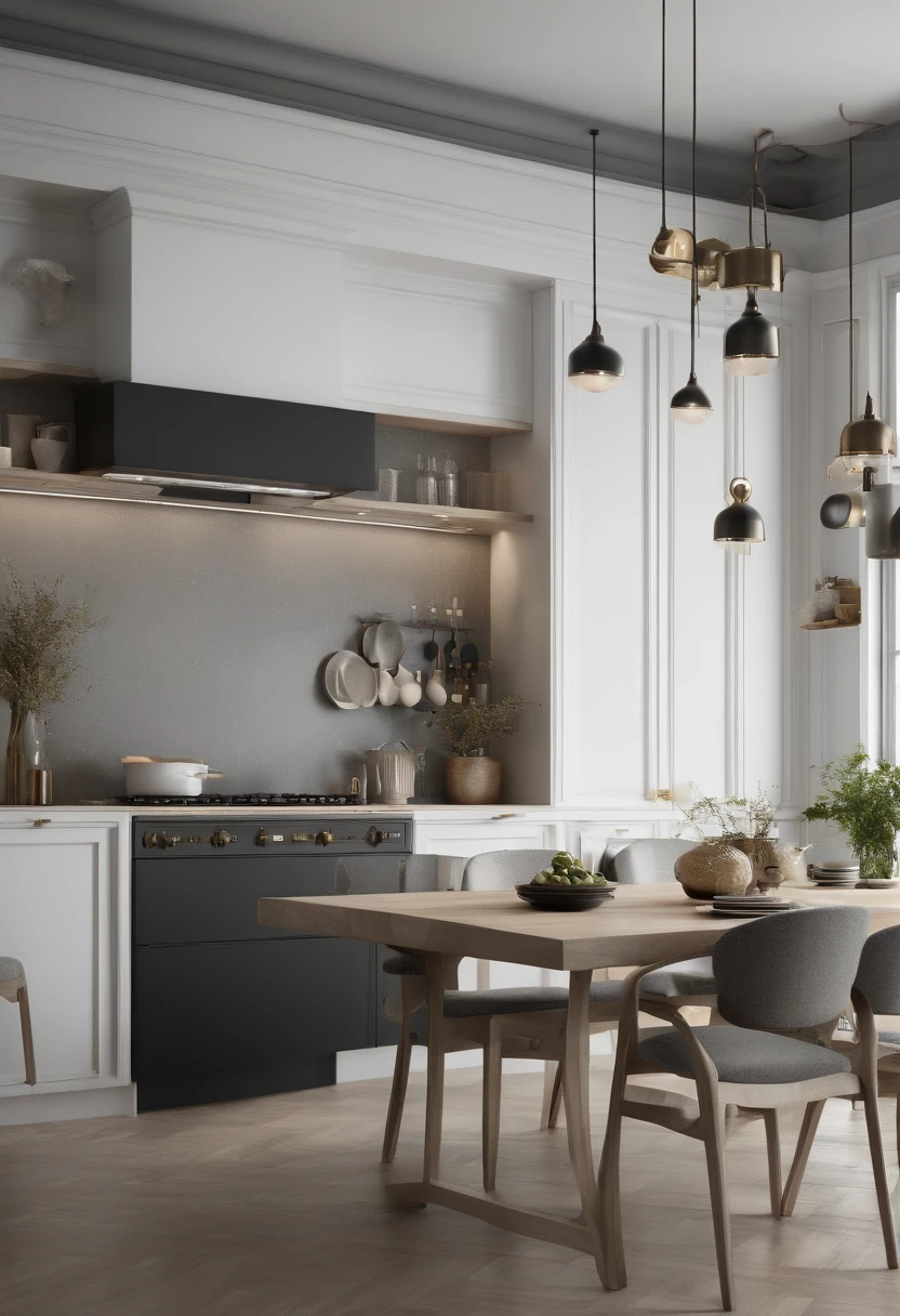 ​masterpiece、top-quality、hight resolution、High-quality images、8K、Precise perspective、细节、Monochrome grayscale、Fine expression、kitchin((Narrow kitchen、In the cupboard、tableware、Speciality、typical、unmanned:1.5))