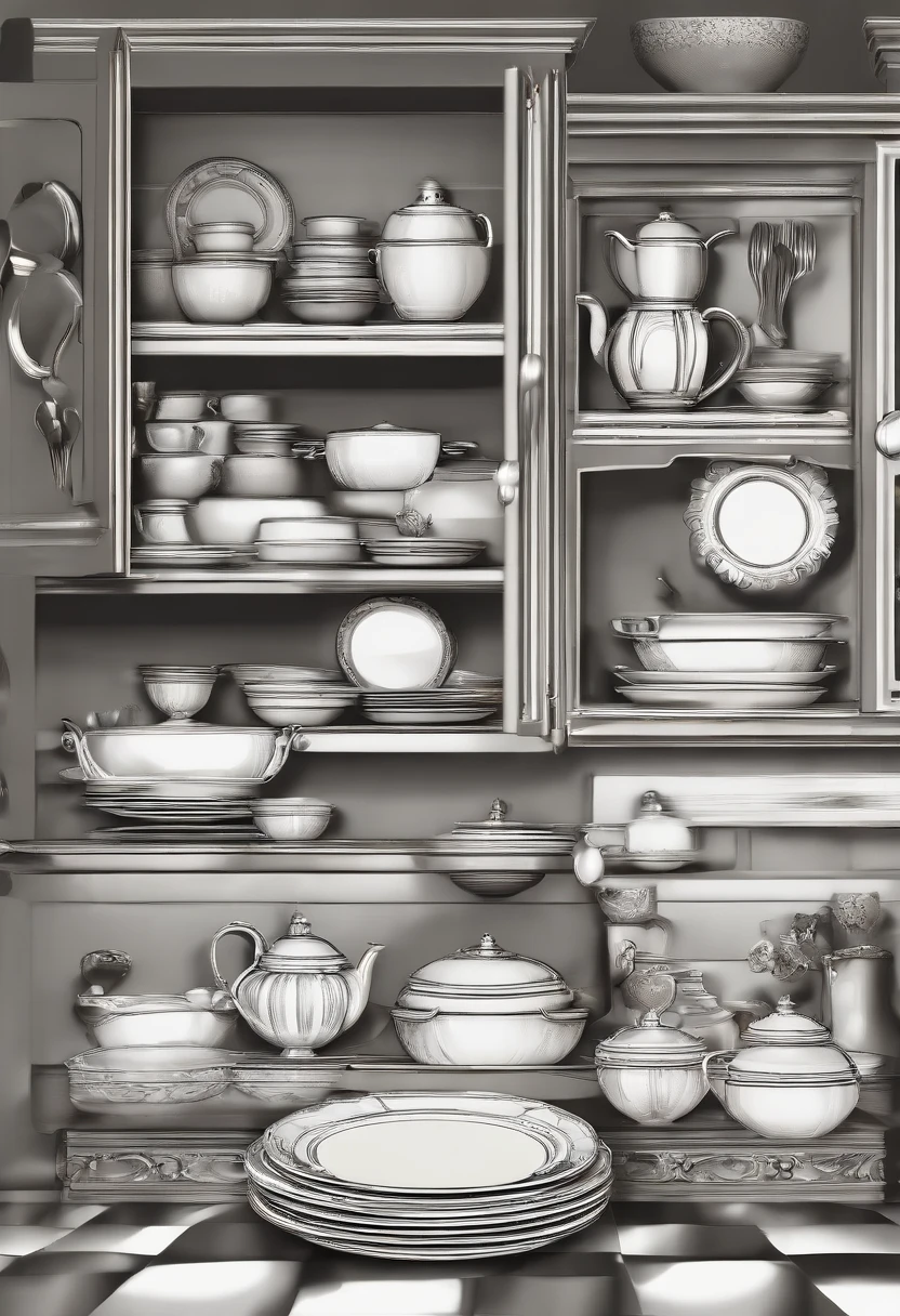 masterpiece、top-quality、hight resolution、High-quality images、8K、Precise perspective、细节、Monochrome grayscale、Fine expression、kitchin((Narrow kitchen、In the cupboard、tableware、Speciality、typical、unmanned:1.5))
