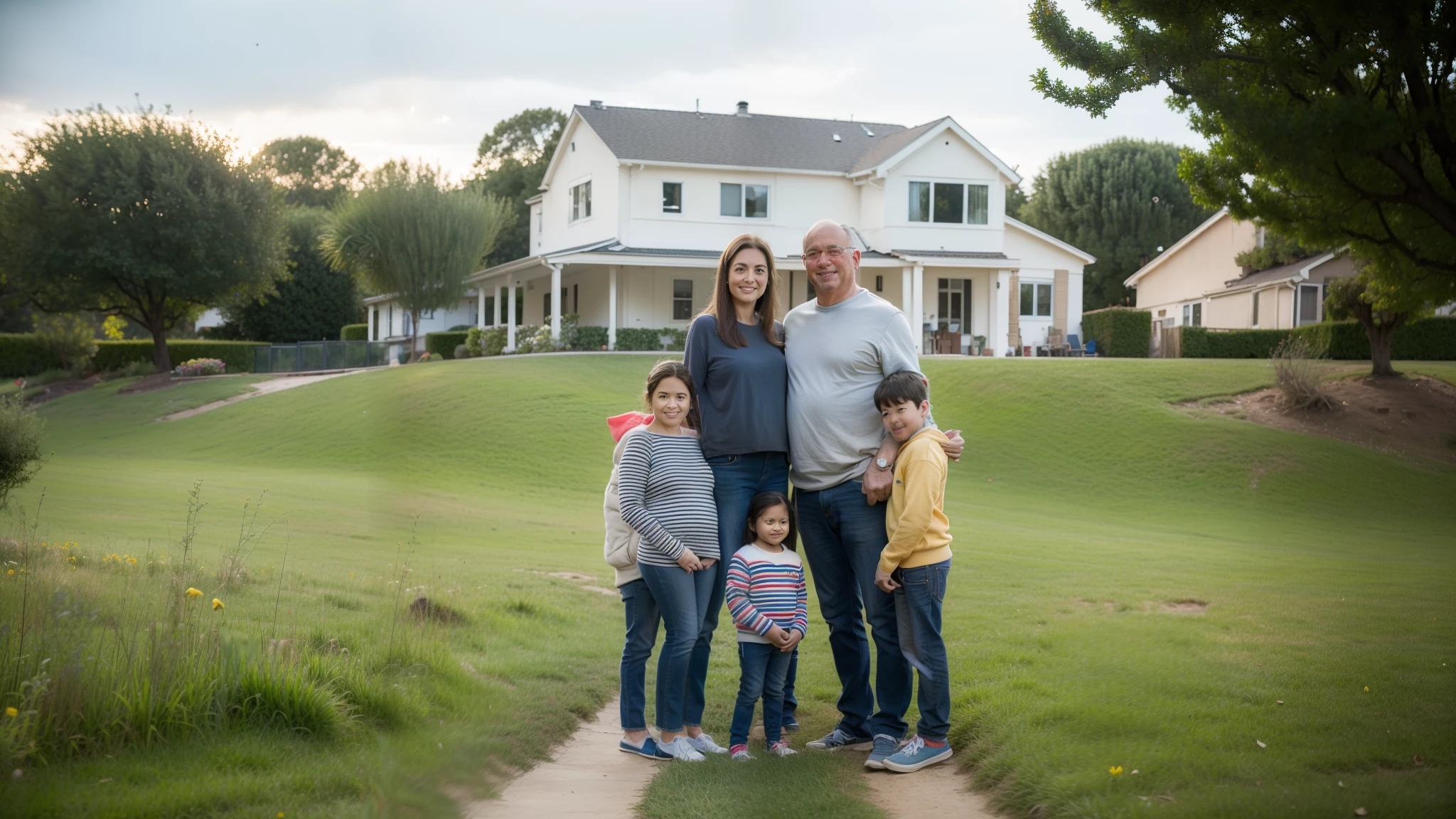 realistic photo of a ((happy family with a father, mother and their children)) their house in the background, Canon EOS R6, HDR camera, ((focus sharp)), masterpiece, ((high quality)), RAW, one shot, high resolution, (ultra realistic:1.2), , UHD, ccurate, ((anatomically correct:1.2)), textured skin, super detailed, high quality, award winning, 16k