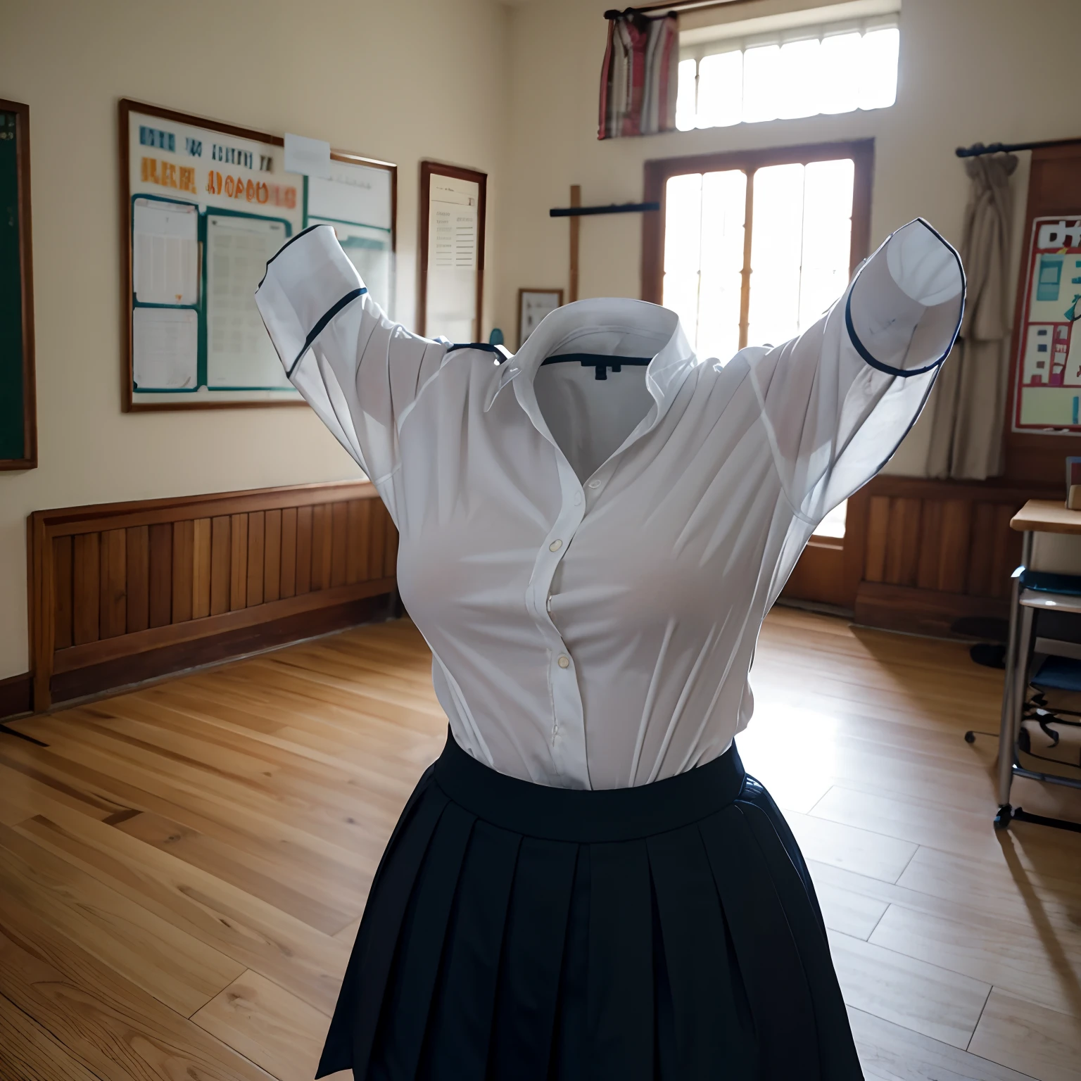 (girls' school blouse:1.7) , (school blouse swells as if worn by invisible girl:1.7),((invisible, no humans:1.7, headless:1.7, handless, legless)), (big breasts:1.9),(on wooden floor ),(arms up),
(8k, RAW photo, best quality, masterpiece:1.2), (realistic, photo-realistic:1.37),photon mapping, radiosity, ((Hasselblad photography)),physically-based rendering,