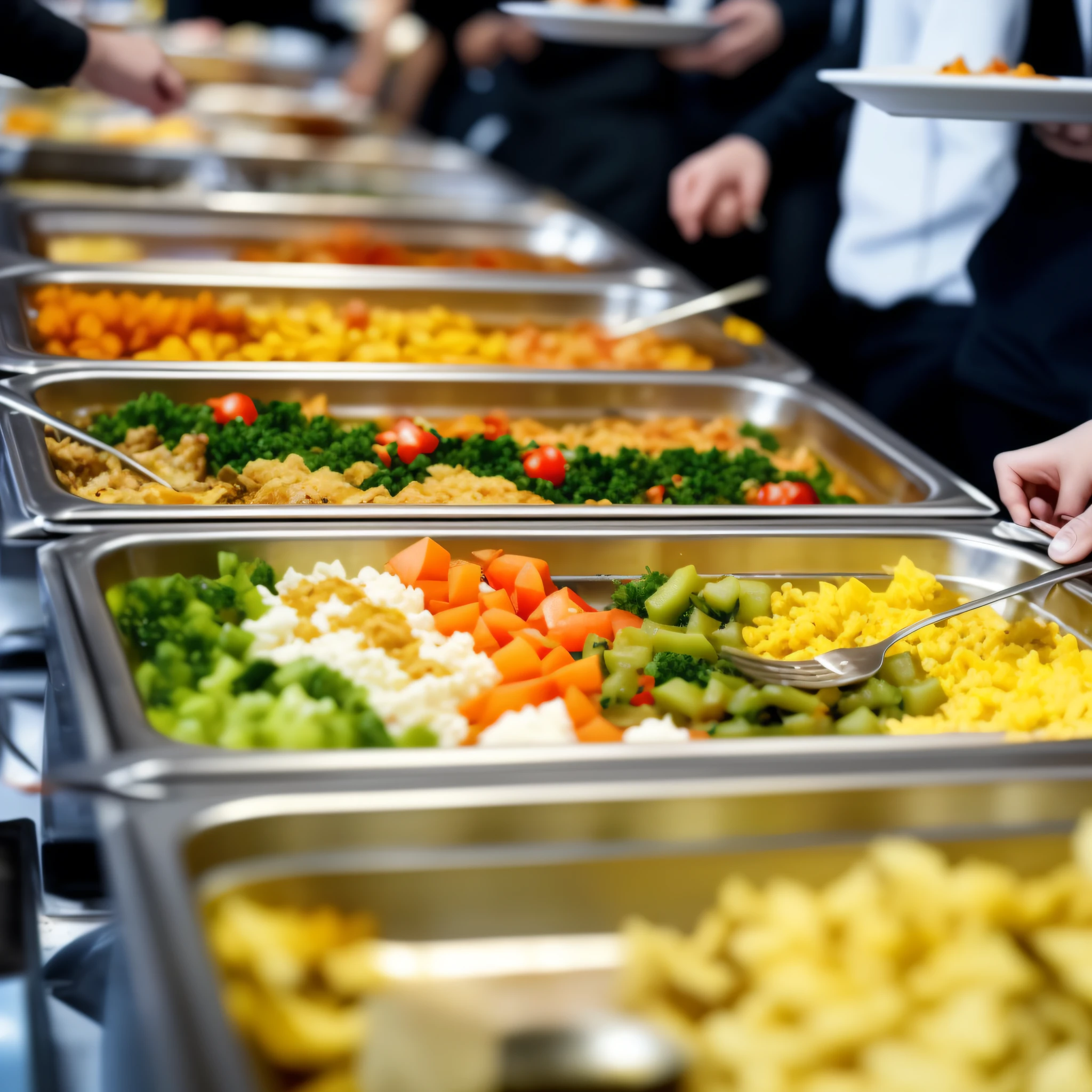 several trays of food are lined up on a buffet table, overflowing feast buffet table, the table is full of food, delicious food, offering a plate of food, closeup at the food, people inside eating meals, breakfast buffet, taken in the early 2020s, hot food, on a plate in a busy diner, plates of fruit, plating