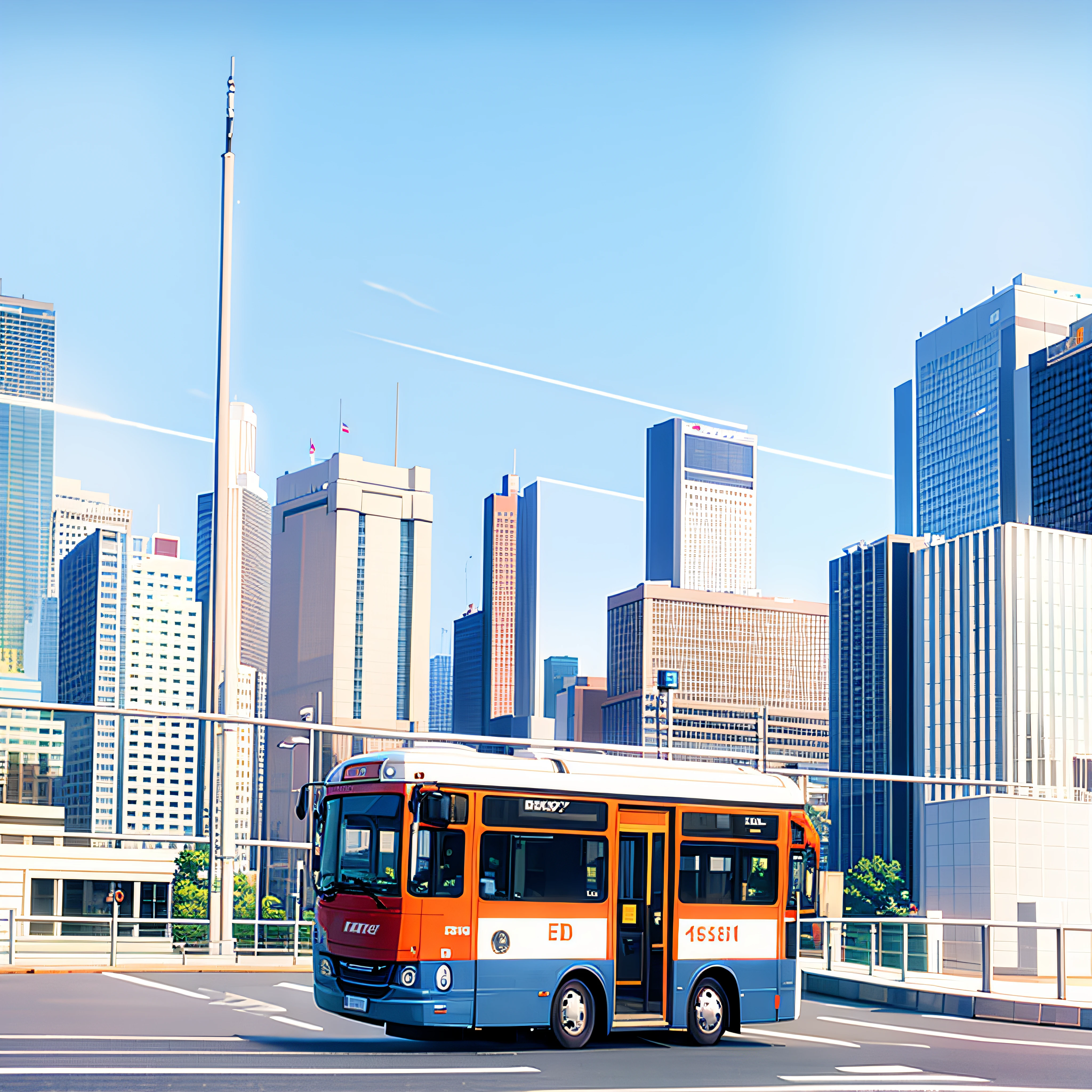 Beautiful poster，Bus race，Simple city background,k hd,4K，Minimalist style，Highlight the urban atmosphere