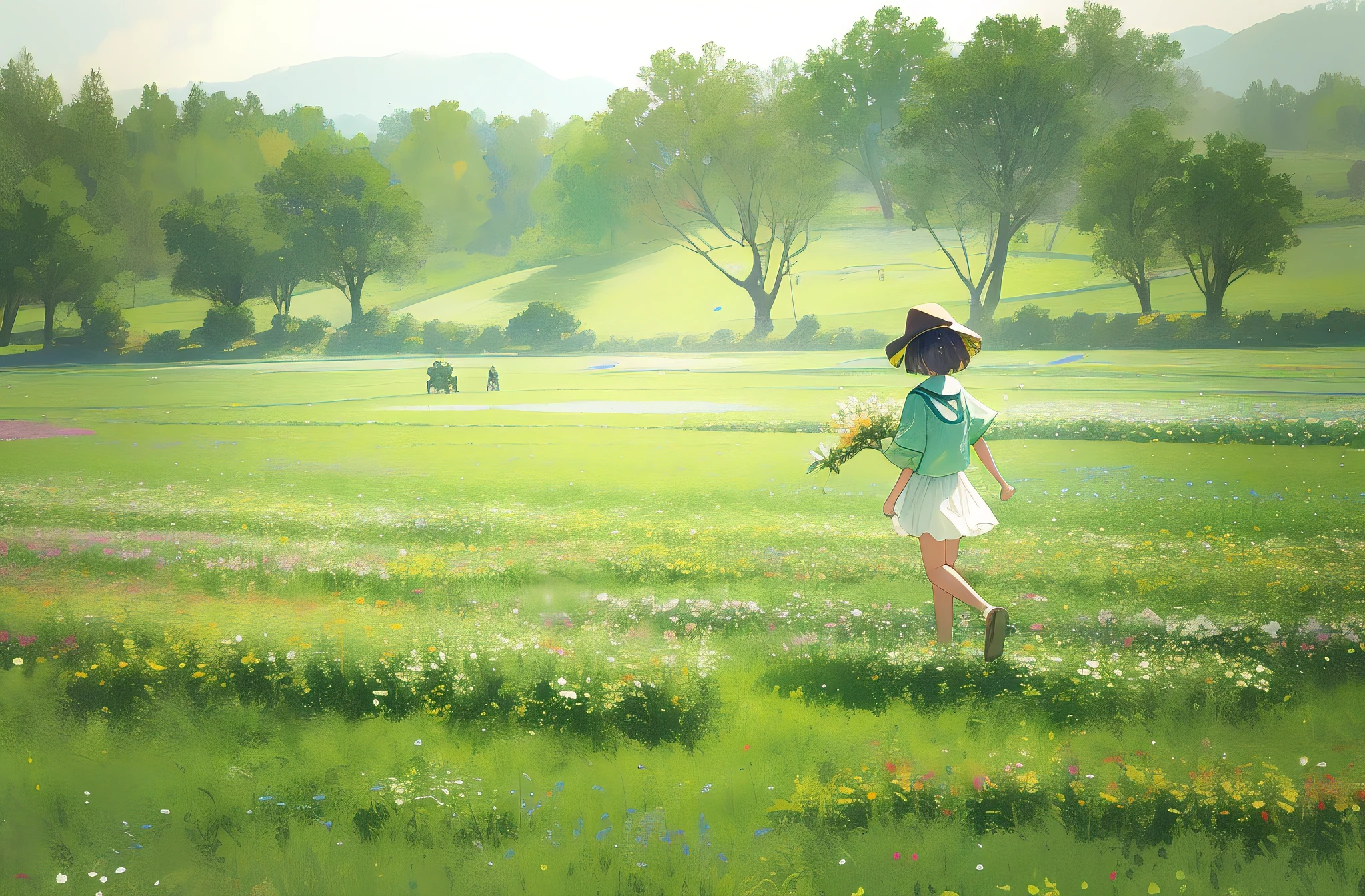 There was a girl standing on the grass with a kite, girl walking in a flower field, girl walking in a flower field, girl standing in flower field, girl standing in flower field, Girl in a flower field, standing in flower field, in a open green field, girl dancing in a flower field, standing in flower field