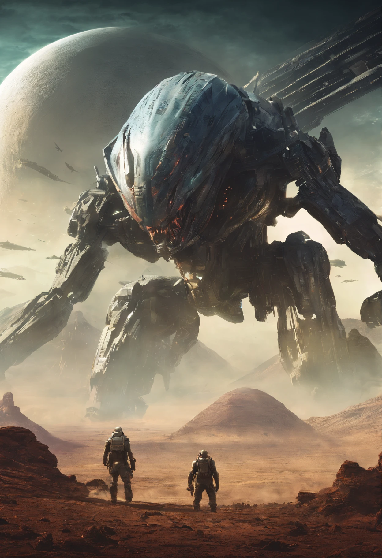 Craft a captivating movie poster that depicts the epic clash between humanity and an advanced alien race. Showcase the looming threat of the alien invaders, the resilience of human defenders, and the otherworldly technology and landscapes, capturing the essence of an intergalactic war for survival
