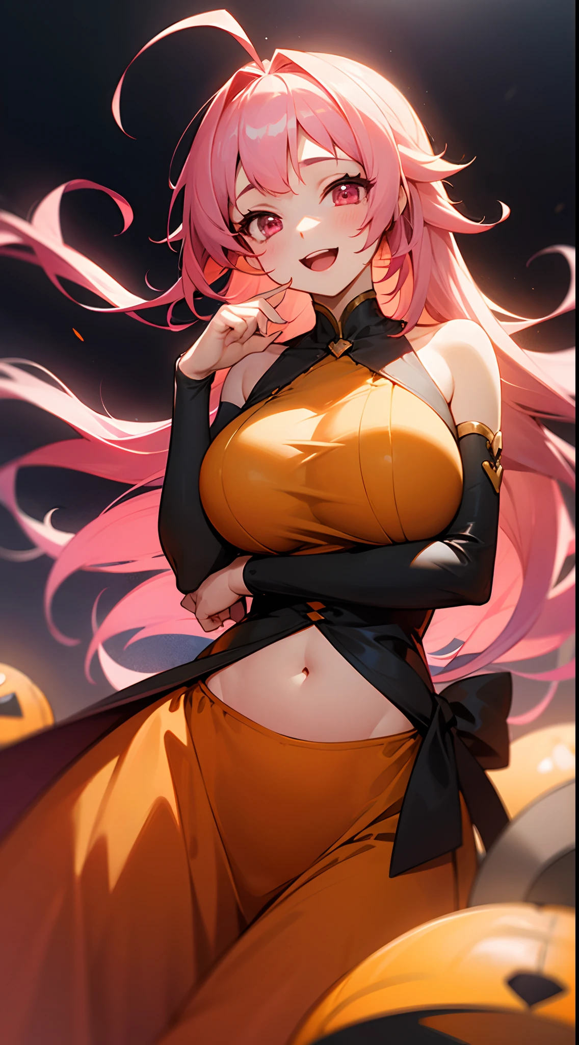 1 girl, game CG, orange Halloween dress that shows shoulders and belly button, gigantic breasts, pink hair, long hair, straight hair, princess hairstyle, ahoge, pink eyes, smile, open mouth, hand gestures,
