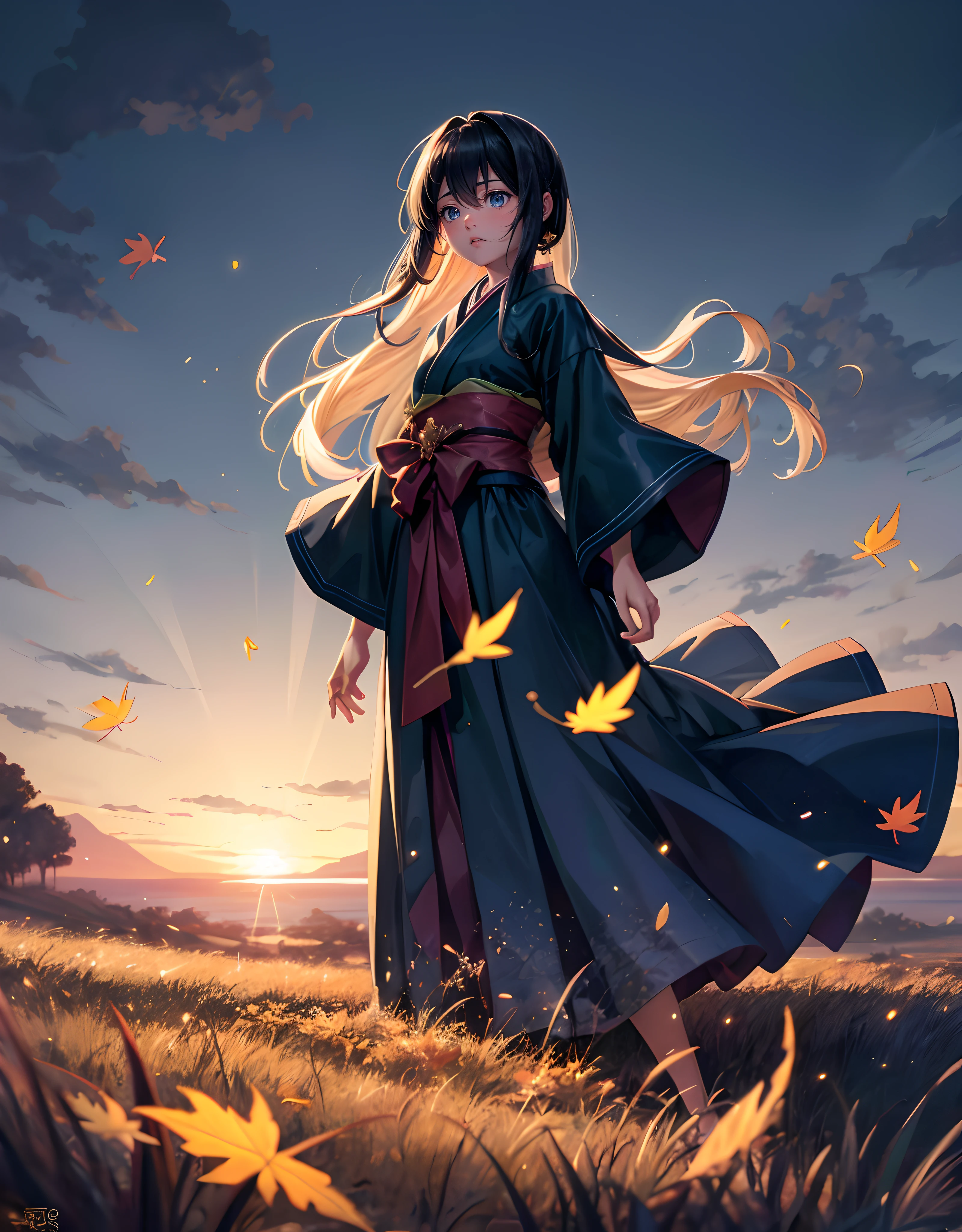 Night Landscape, Anime landscape flower field of glow flowers and lots of glow big particle around in the standing back japanese girl (the girl so far), falling down leaf, full of glow falling down leaf, fireflies, very many lots of fireflies, falling long down meteor, anime art wallpaper 4k, Top quality masterpiece, deep focus, macro shot, fliying fireflies, lots of blur cicle glow, falling leaf, falling leaf is a smooth glow light, anime, object, color combination masterpiece, dark blue morning, reflection, beautiful anime scene, japanese concept landscape art, volumetric lighting, bokeh, anime beautiful peace scene, pure lanscape, 4k beautiful anime, intricate, elegant, point of interest photography, perfect dark morning landscape anime (masterpiece, side glow lighting, finely detailed beautiful lanscape), long hair, lots of hair, ray of light, rule of third photography, point of interest photography, perfect landscape color tone, Fog, saturation glow light, solid night sky, wonderful composition, the long cloth is a composition masterpiece, lighting masterpiece
