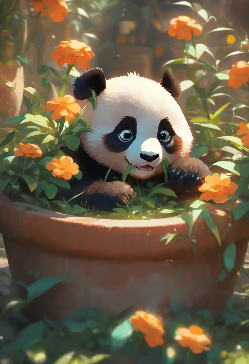 A cute panda lying on his stomach in a flower pot，has big eyes，Blushlush，Lazy，greet，high detal