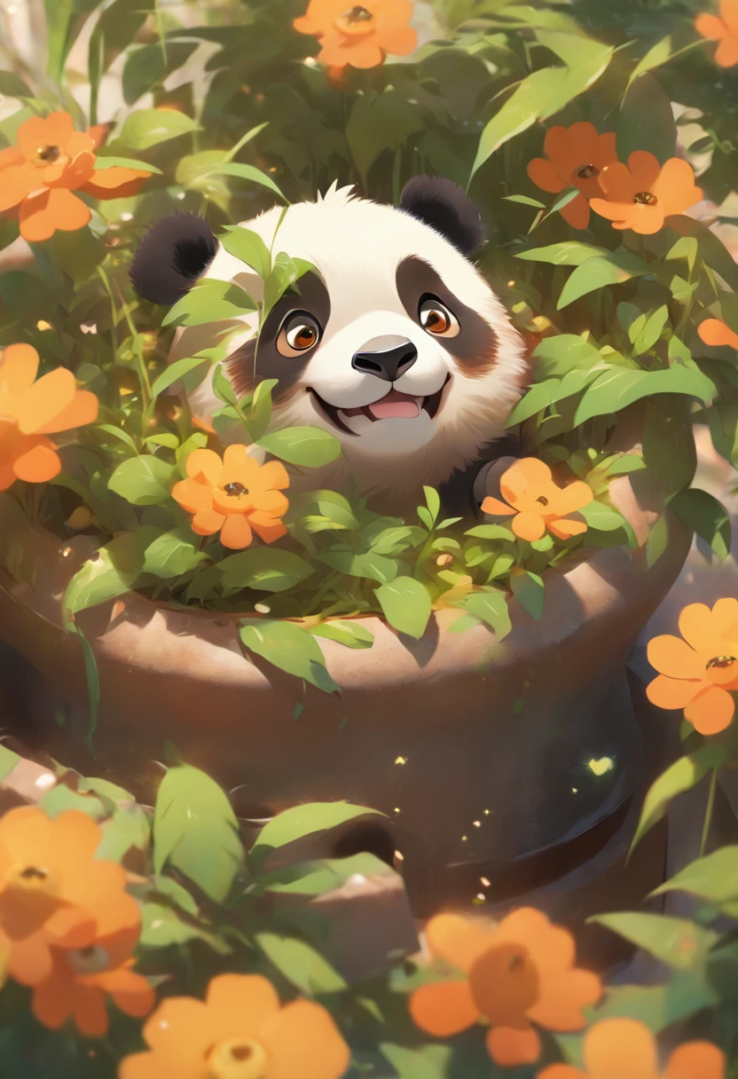 A cute panda lying on his stomach in a flower pot,has big eyes,Blushlush,Lazy,greet,high detal