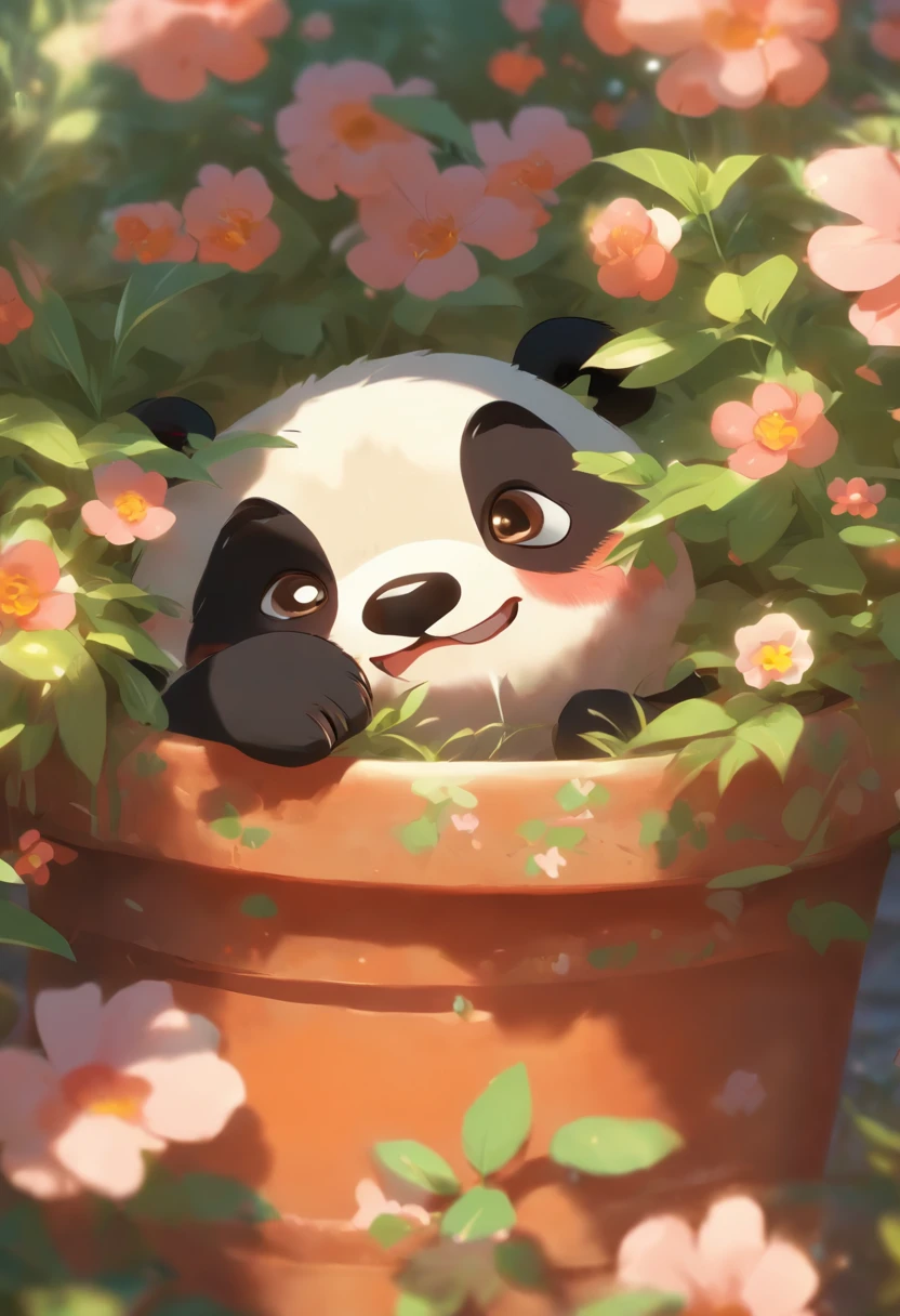 A cute panda lying on his stomach in a flower pot，has big eyes，Blushlush，Lazy，greet，high detal