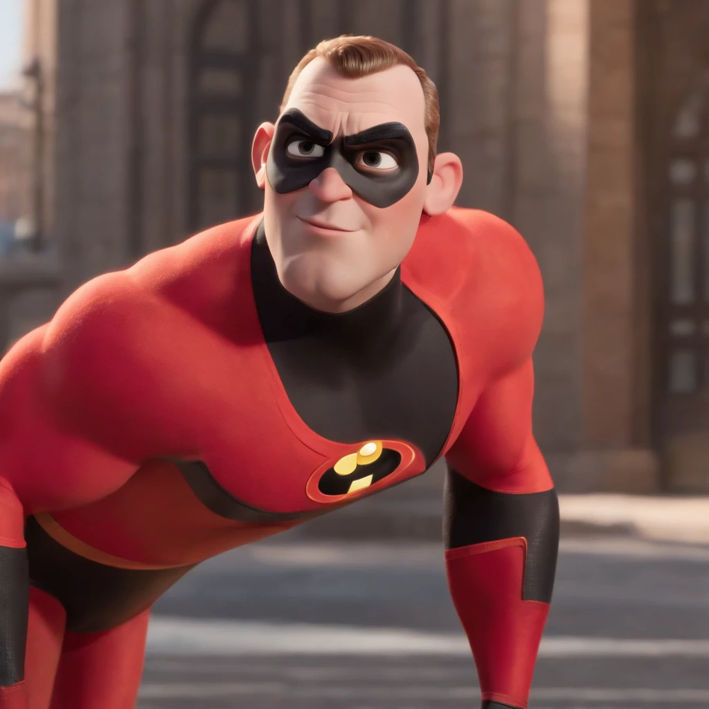 araffe in a red suit with a black eyes mask muscular mr. Incredible Bob parr from the incredibles 2004 film but liveaction, iconic film character, iconic character, advance cgi, real Cgi character, cgi lifelike, high detail iconic character, 9 0 s cgi, high quality realistic render, nature life like a pixar character, CGI octane render, professional cgi.