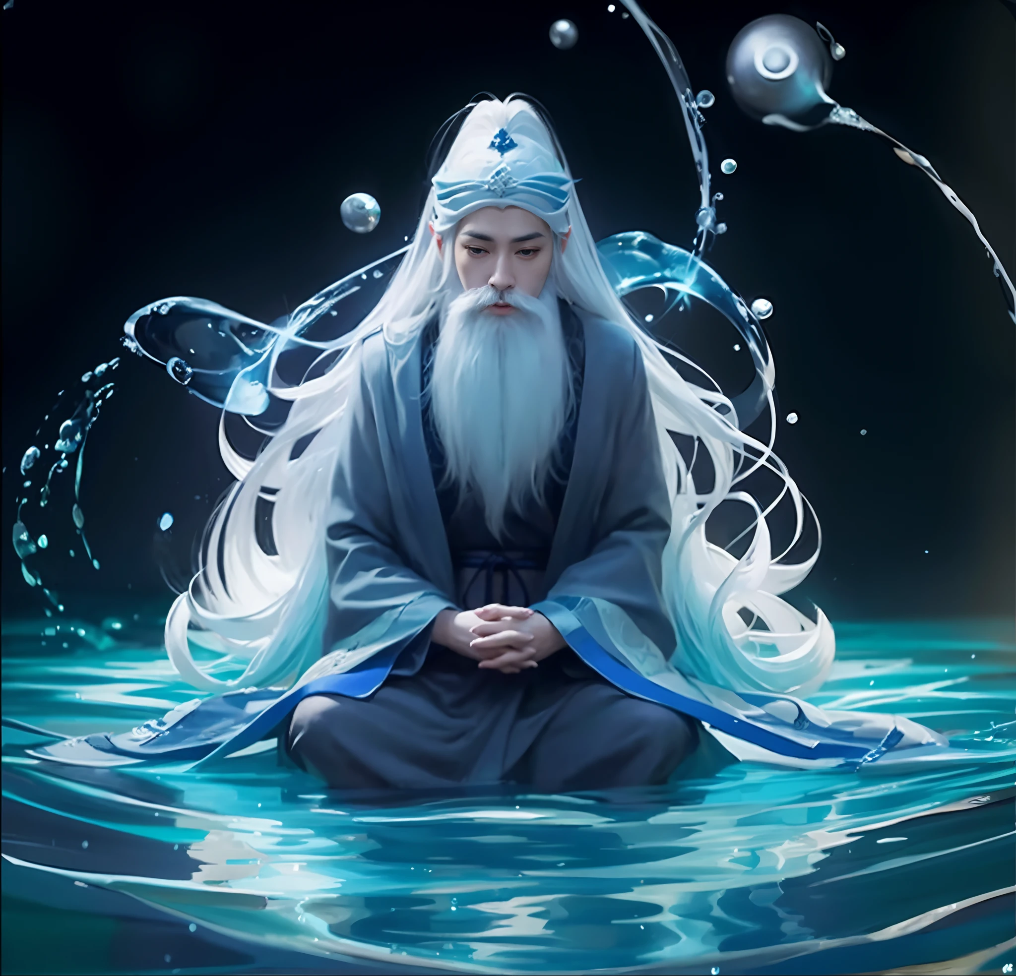 beautiful countenance、Alafed image of a long white bearded man sitting in water, Master of Taoism, taoist priest, water element, closeup fantasy with water magic, inspired by Hu Zaobin, Fantasyart, onmyoji detailed art, feng zhu concept art, concept art of a monk, ross tran 8 k, Daoism
