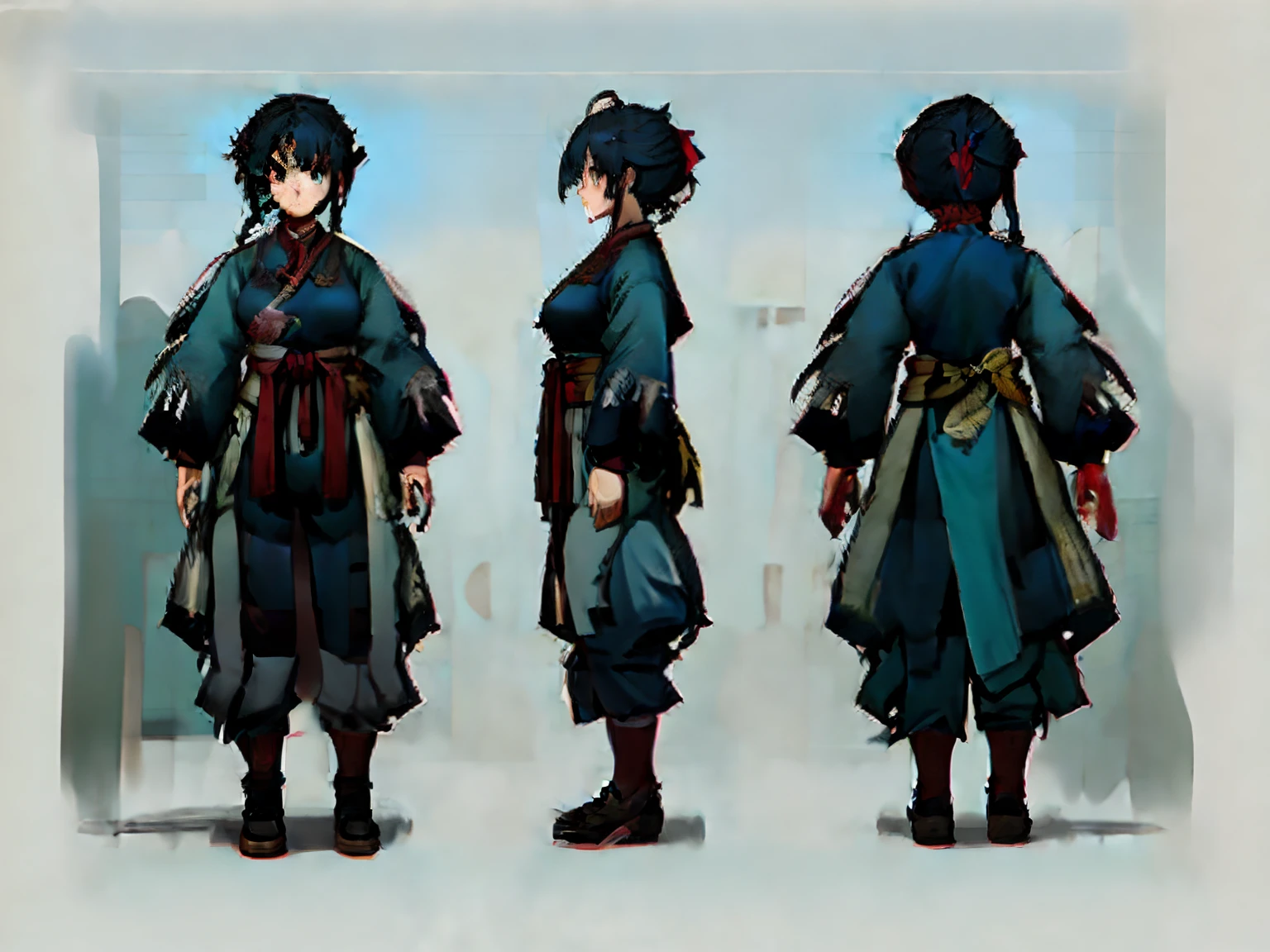 ((masterpiece)),(((best quality))),（character design sheet,Same role,frontage,Lateral face,on  back),illustration,1个Giant Breast Girl,Hair color,By bangs,hairstyle fax,Eyes,The environment changes,hairstyle fax，female pervert，blue hairs，Chinese Hanfu，Zombie suit