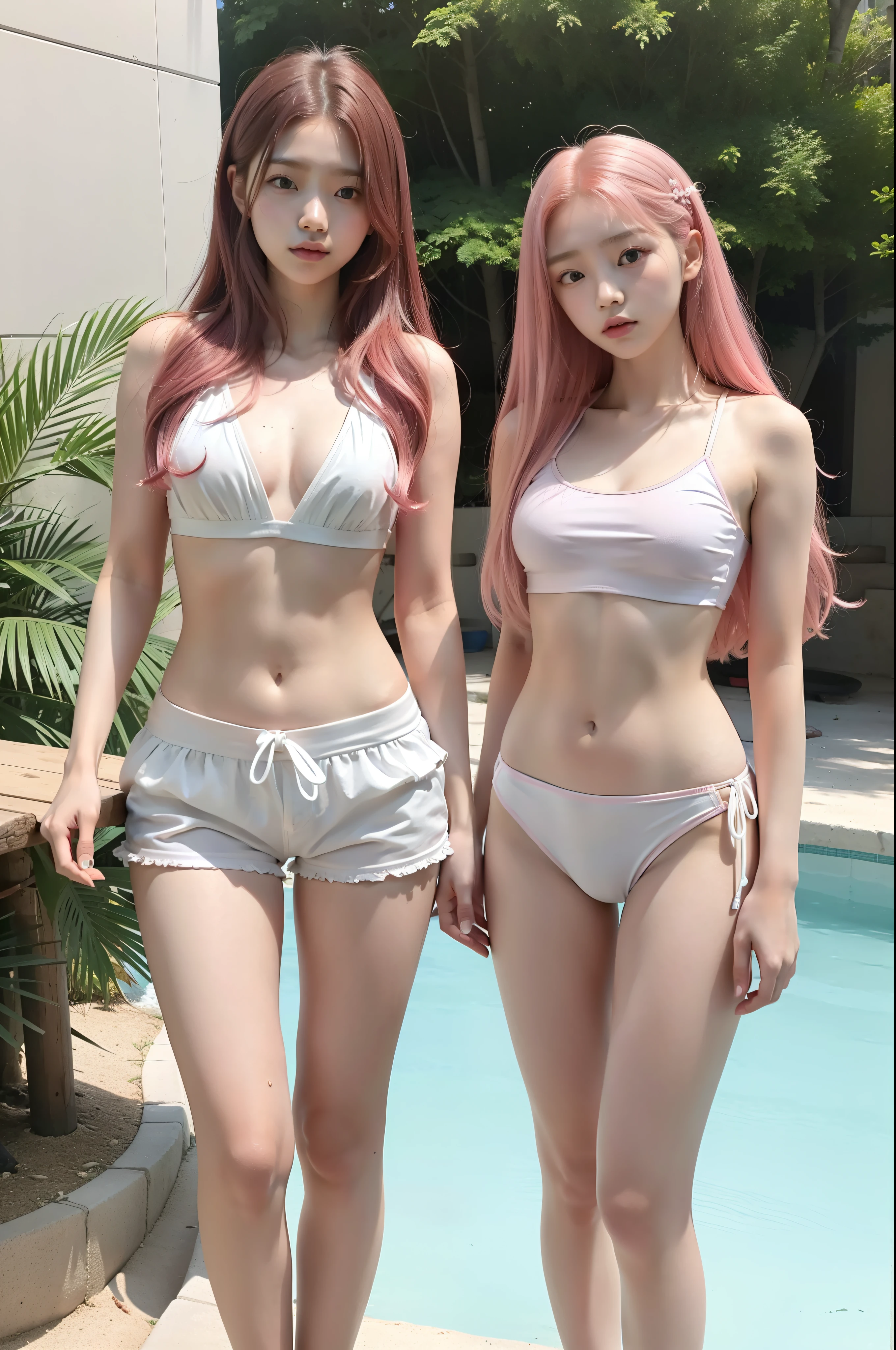 full body, kim chaewon in a bikini, , 15 yean young girl in a fantasy field, fantasy field, small breast, petite figure, long pink hair, tight white bikini that expose midriff, tight white shorts, midriff exposed, small tits, ((thin-waist)), a small face