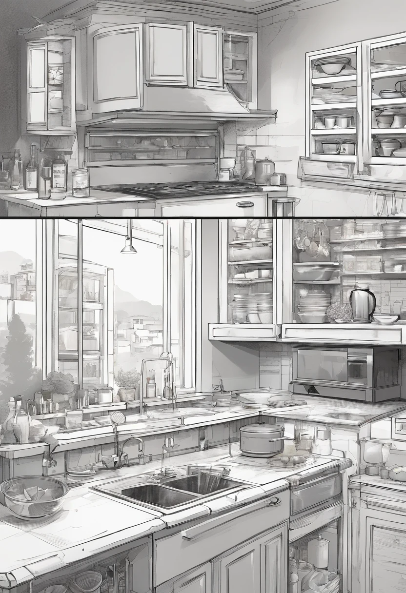 ​masterpiece、top-quality、hight resolution、High-quality images、8K、Precise perspective、细节、Monochrome grayscale、Fine expression、kitchin((Narrow kitchen、In the cupboard、tableware、Speciality、typical、unmanned:1.5))