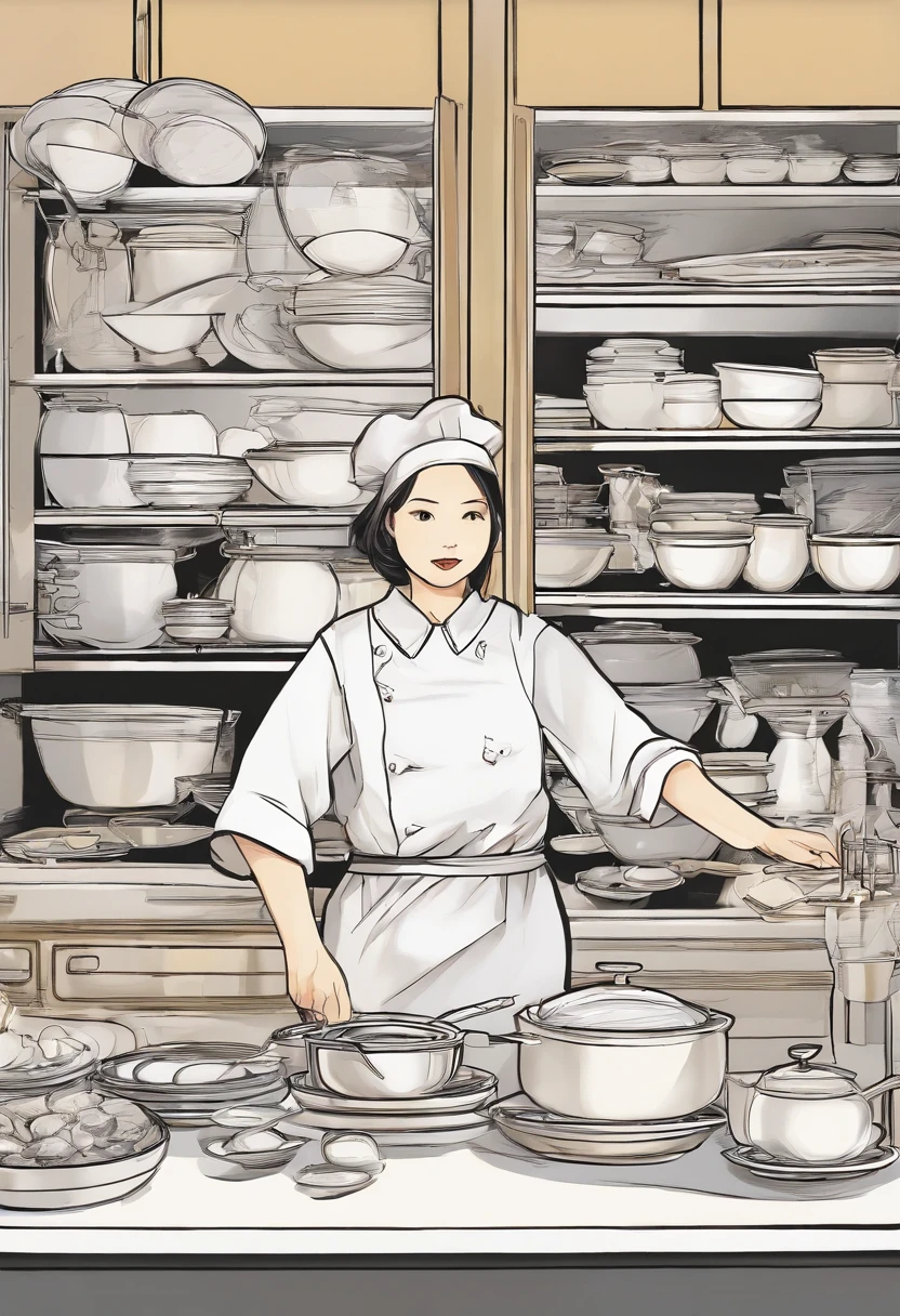 ​masterpiece、top-quality、hight resolution、High-quality images、8K、Precise perspective、细节、Monochrome grayscale、Fine expression、kitchin((Narrow kitchen、In the cupboard、tableware、Speciality、typical、unmanned:1.5))