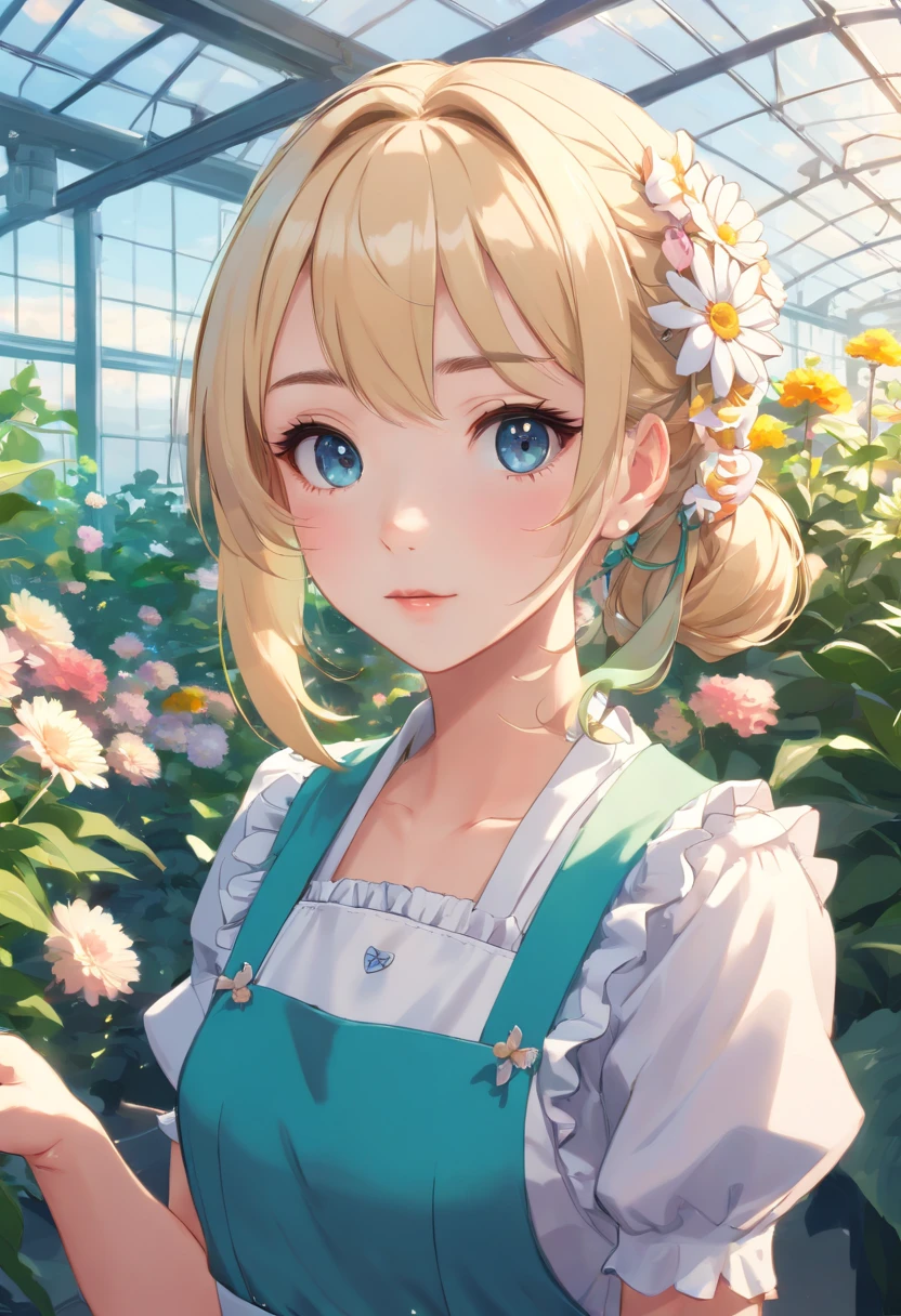 ((Flower style)), (Advancer), (1girl in), (((Solo))), (Realistic:1.5), light Particle, llight rays, Victorian, (Best Illustration), Photorealistic, Octane Render, 8K, Neon light, Flying Cars, Detailed face, Detailed eyes, ((maid)), maid headband, long braid, Very long hair, Blonde hair, Blue eyes, (Sharp eyeliner, eyeshadows, Detailed eyes:1.1), (ulzzang-6500), model poses, (Standing), (Outdoors), Noon time, public area, Indoors, (Greenhouse in the background), Break G36