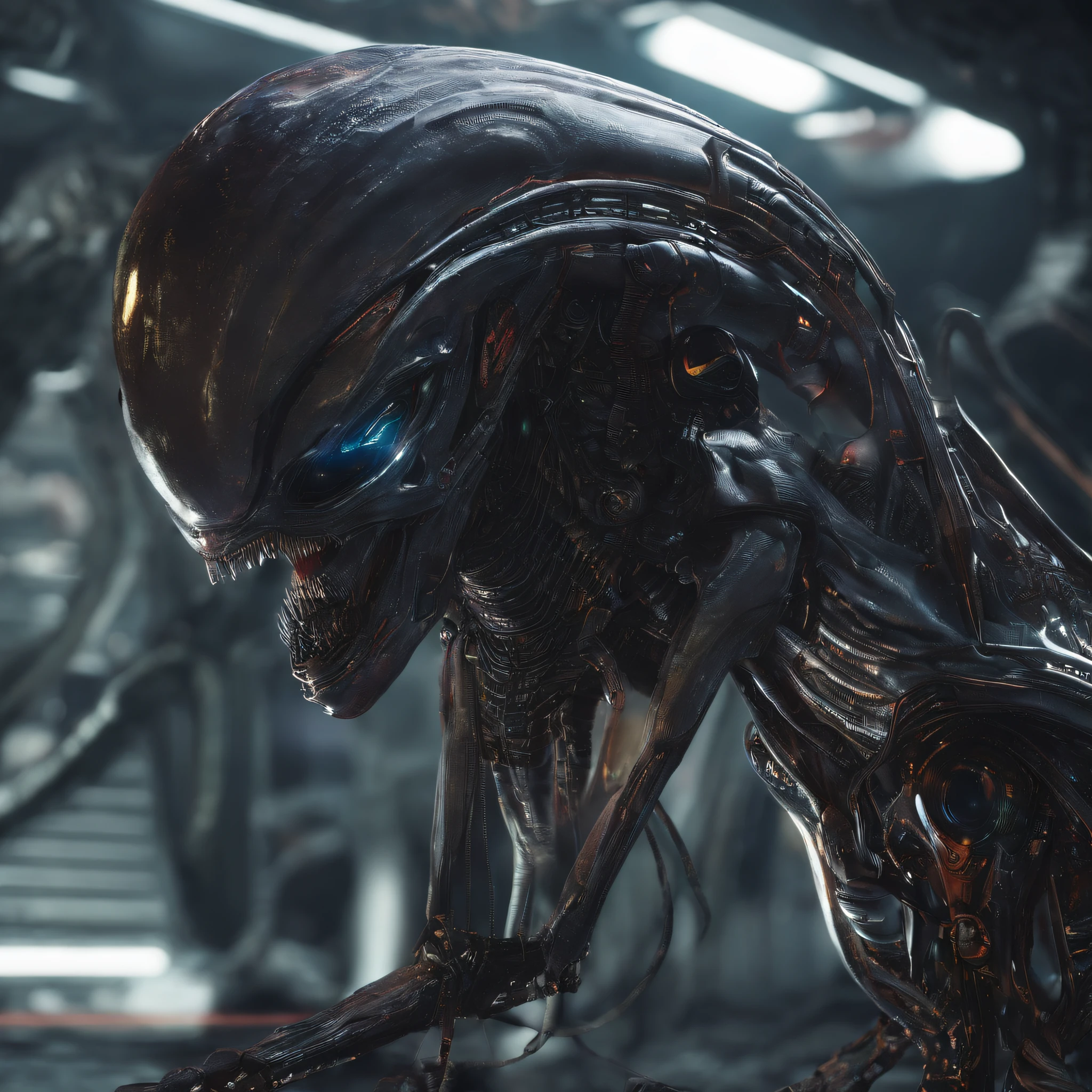 An alien,Ogre,Solo,full bodyesbian,Humanoid,dynamicposes,It has refined features in a sci-fi environment,with light glowing, Sparks and lights, best qualtiy,tmasterpiece,Photorealsitic, Highly detailed, iintricate,unreal 5 render,