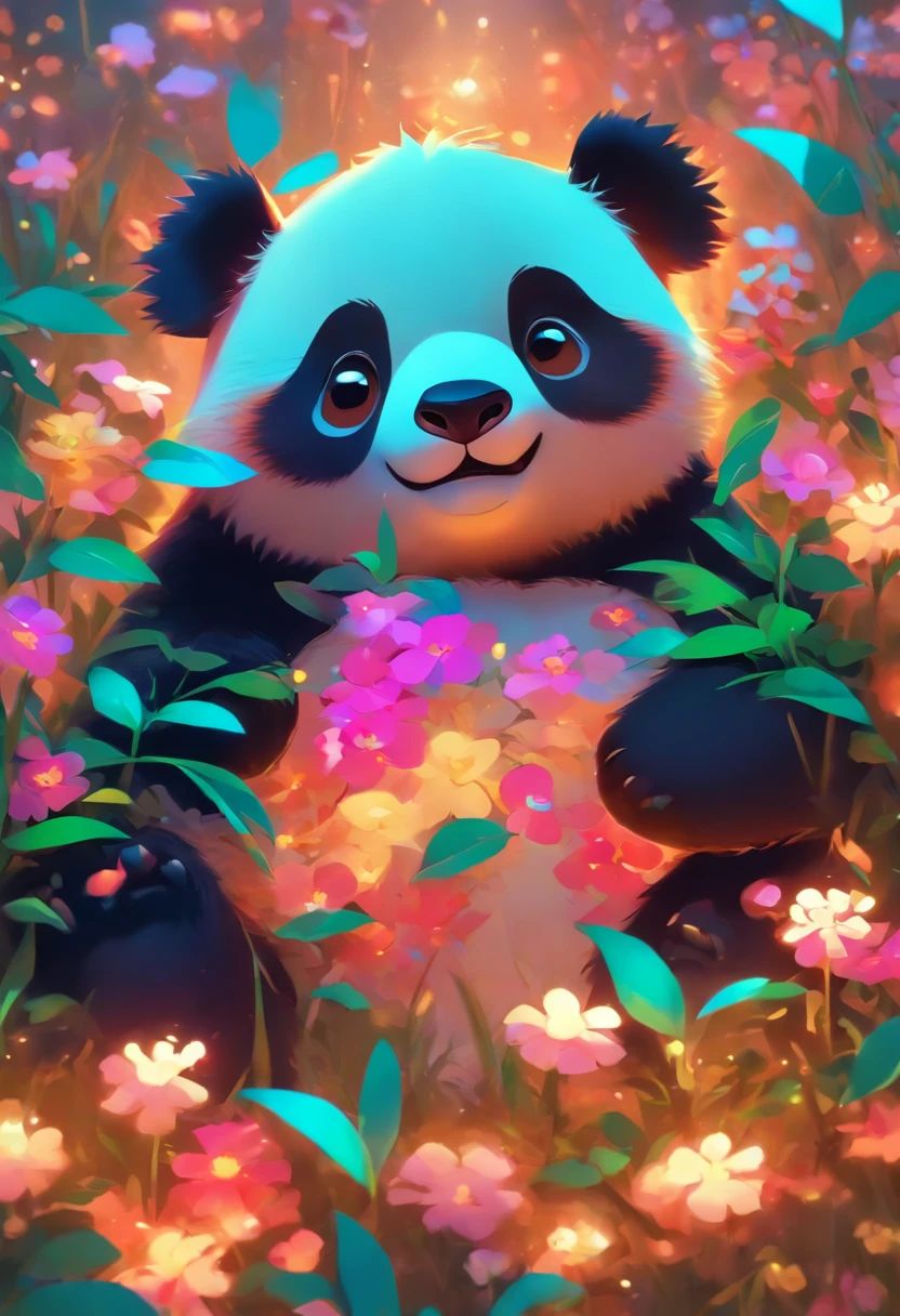 A cute panda lying on the flowers,has big eyes,Blushlush,Lazy,greet,high detal