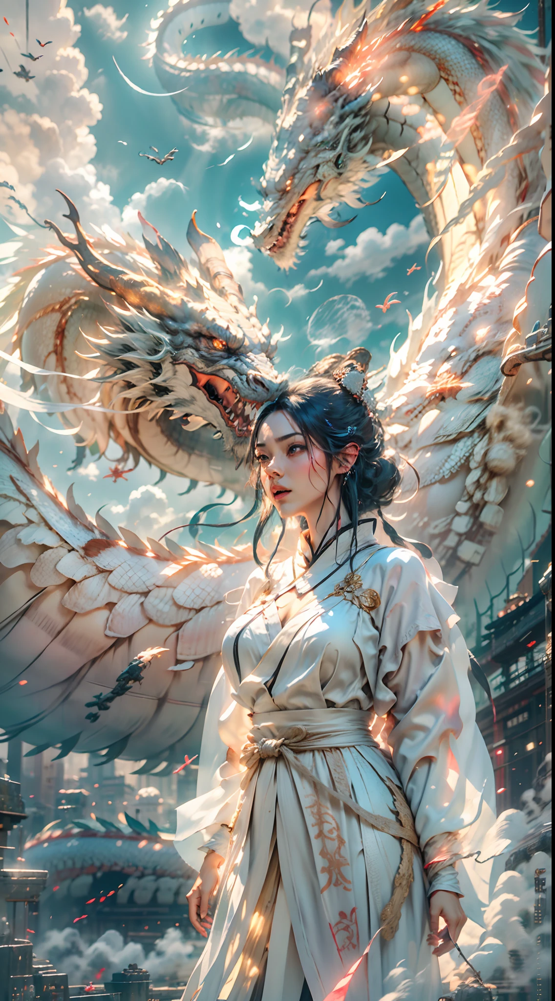 The Chinese White Divine Dragon soared into the air,(Girl manipulates dragons:1.3),(The girl has her back to the camera:1.3),Sky clouds surround the surroundings,Light magic,Fantastic background,Meaning background,Ridiculous background,There are artistic overlays,multicolored hair, surrealism, Cinematic lighting, Ray tracing, god light, speed-line, angle of view, hyper HD, Masterpiece, Best quality, Super detail, A high resolution, High quality,(Far view:1.3)