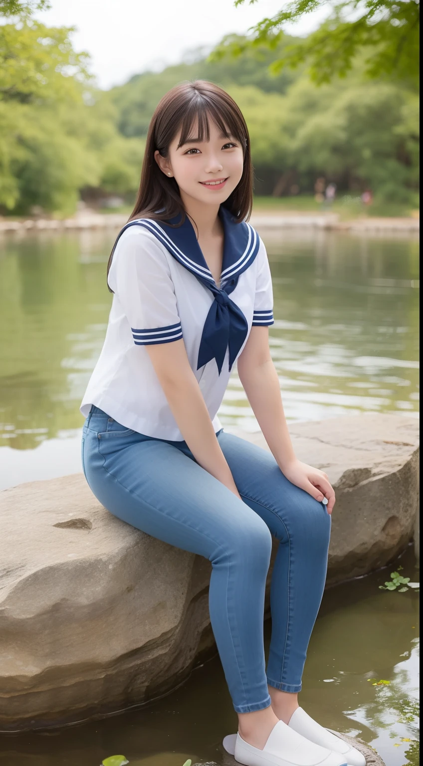 A smiling girl,In sailor suit,Blue skinny jeans,Sitting on a large rock by the pond,com rosto detalhado,The eyes are delicate,The photo quality is the best,Realistic image quality,Background diffuse lighting,Depth of field display。