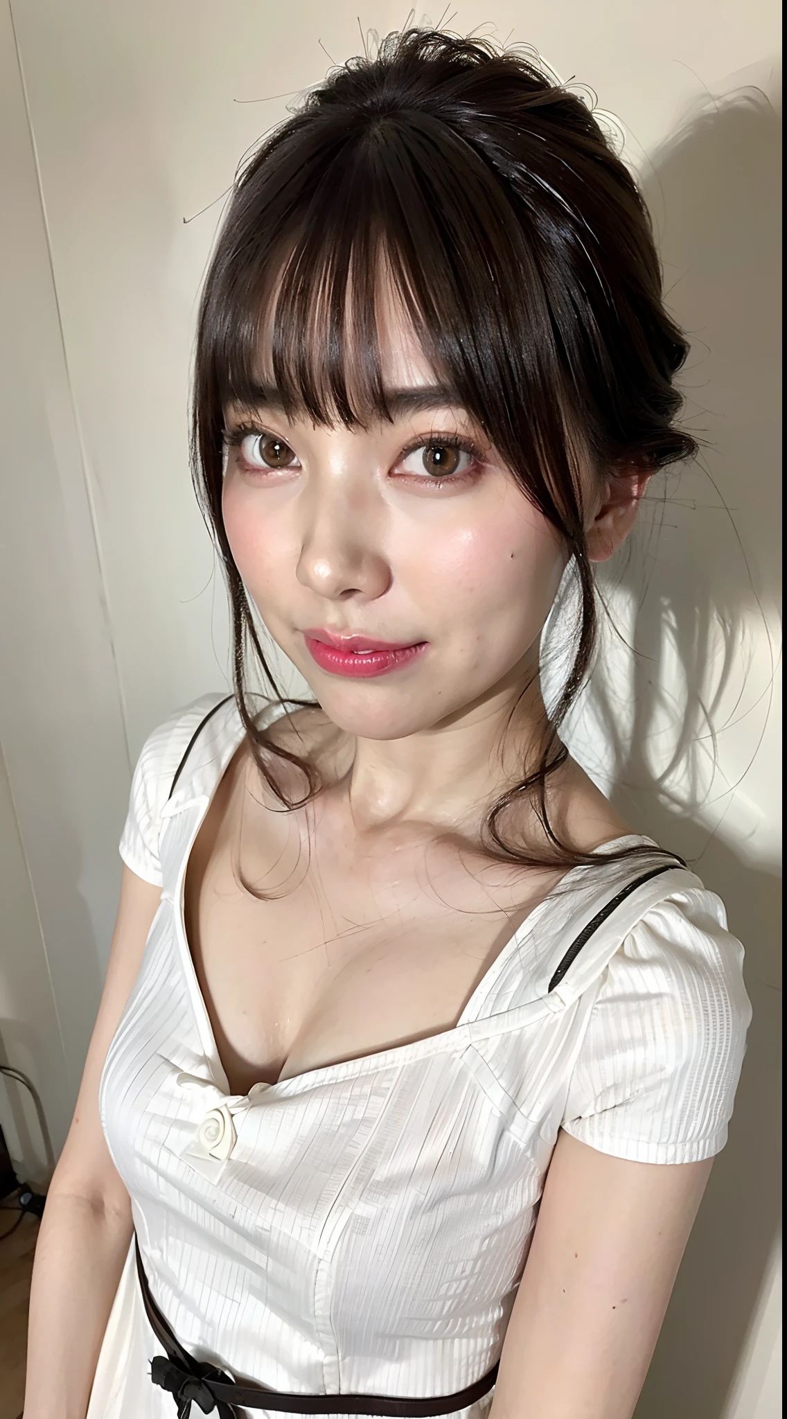 ((top-quality、8K、tmasterpiece:1.3)) realskin、Beautuful Women, view the viewer, French shorts, Flower Holter dress, White wall design, (rim-light)Similar to DJ soda、A detailed eye、Detailed mouth、Look diagonally down