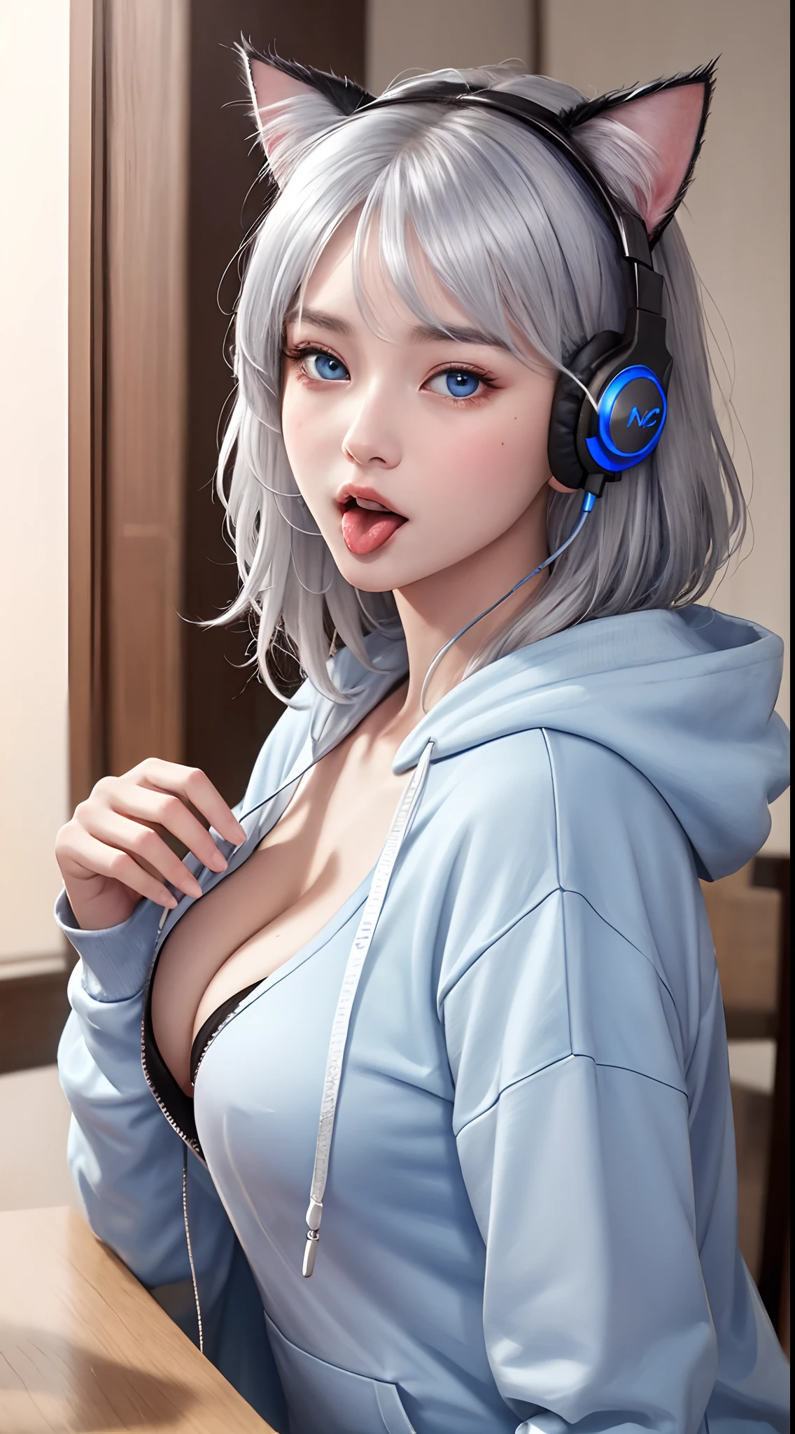 bright silver hair、japanes、Fair skin、Cat-eared headphones、Beautuful Women、photos realistic、tongue-out、Light blue eyes、Light blue hoodie、H-cup