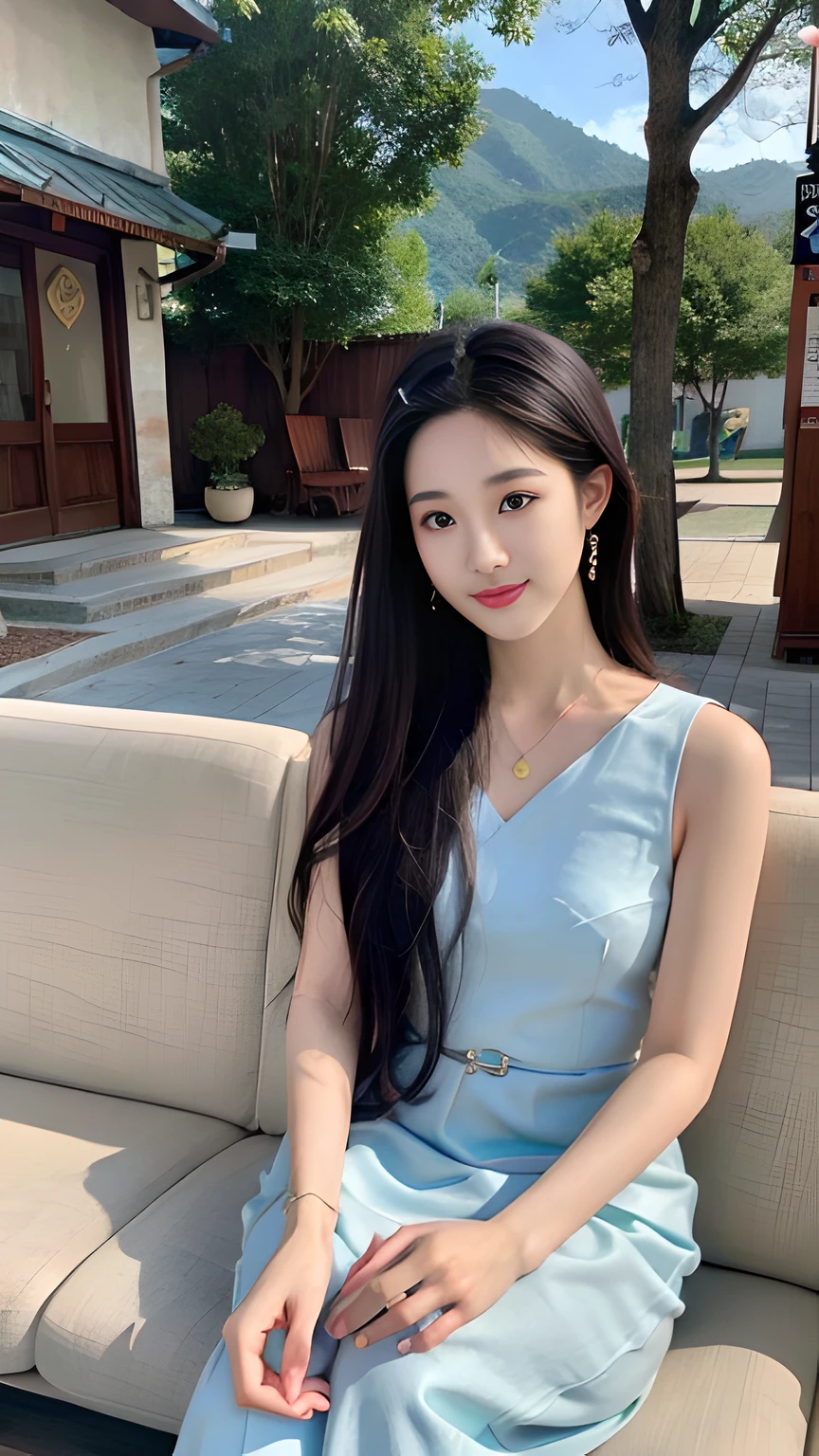 ,Gorgeous young Korean woman, Beautiful young Korean woman, ulzzangs, beautiful Korean women, Shin Jinying, young lovely Korean faces, dilraba dilmurat, xintong chen, a cute young woman, cute korean actress, Korean girl, Choi Hyun-hwa, young and cute girl,the trees,Big Mountain,film and television shots,ssmile,is wearing dress,sitted