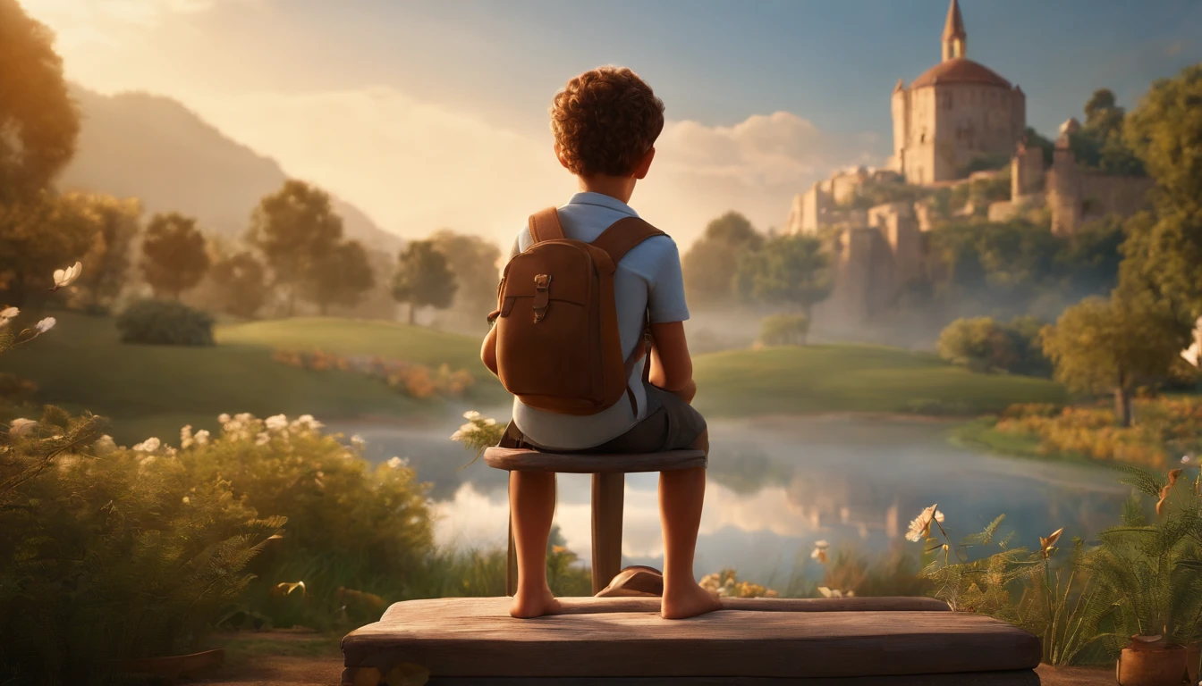 movie picture quality,Disney animation,Disney animated films,Little boy sitting on a book flying in the sky,Play games with your phone,Short hair and small braids,Denim suspenders,depth of fields,high light,Real light,Ray traching,oc rendered,Hyper-realistic,best qualtiy,8K,Works of masters,super-fine,Detailed pubic hair,Correct anatomy,sharp focus on eyes,Bokeh,Facial features are carefully depicted