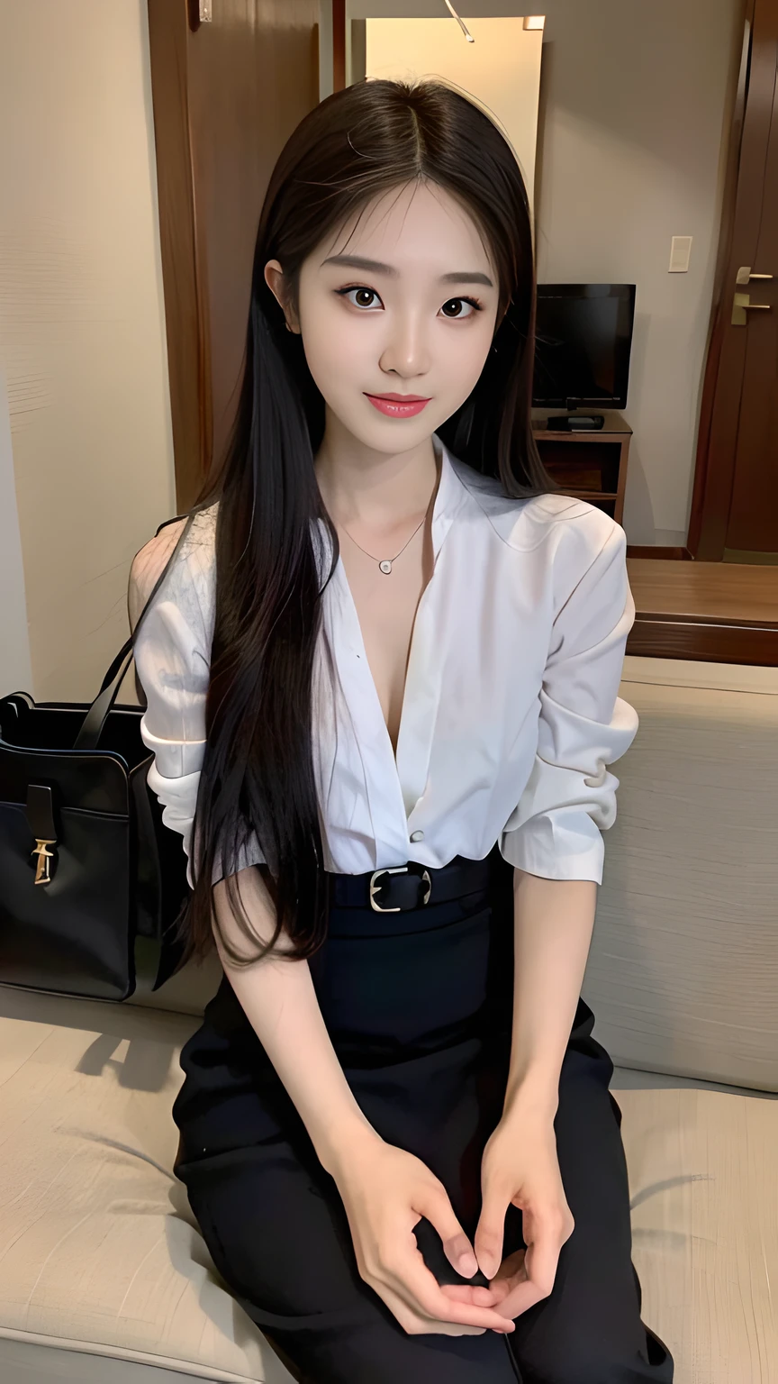 (1 Japanese star with royal sister style), ((Best Quality, 8K, ​masterpiece: 1.3)), focal: 1.2, Perfect body proportions: 1.4, (Make a smile),  （raytrace）,Watery eyes, Highly detailed face and skin textures, Fine eyes, Double eyelids, Whiten skin, (length hair, Air bangs: 1.3), (Round face: 1.5), (white  shirt,Skirt that wraps hips: 1.4), (Sit in a highchair and show off yourself: 1.6),(white stockings: 1.4),(film grain style:1.3)，Sense of atmosphere