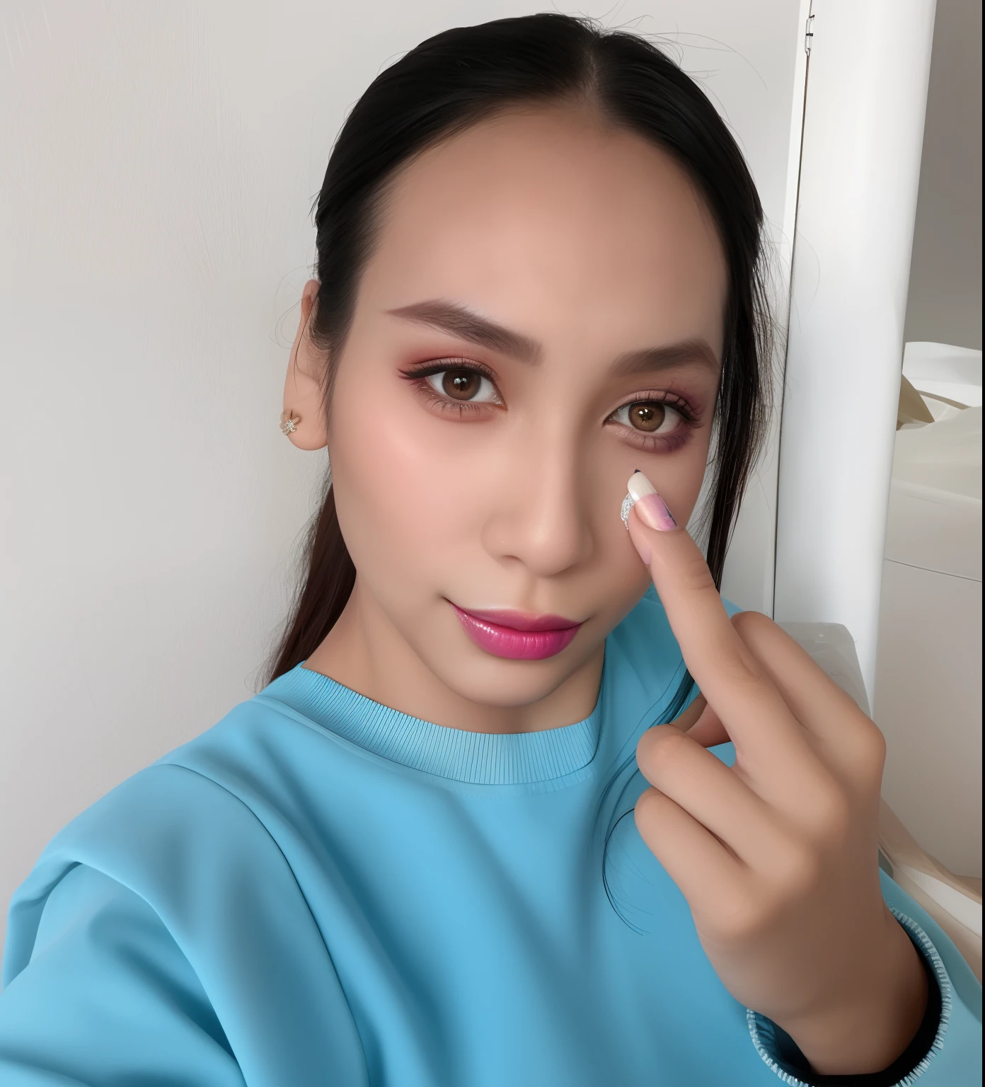 high detail, with accurate face, with professional makeup, add purple lipgloss, blank expression on her face, tribal tattoo on face and make up around the eyes,, with narrow nose, pointed face, face is brightly lit, with round face, ignore fingers and nails, ignore hand,