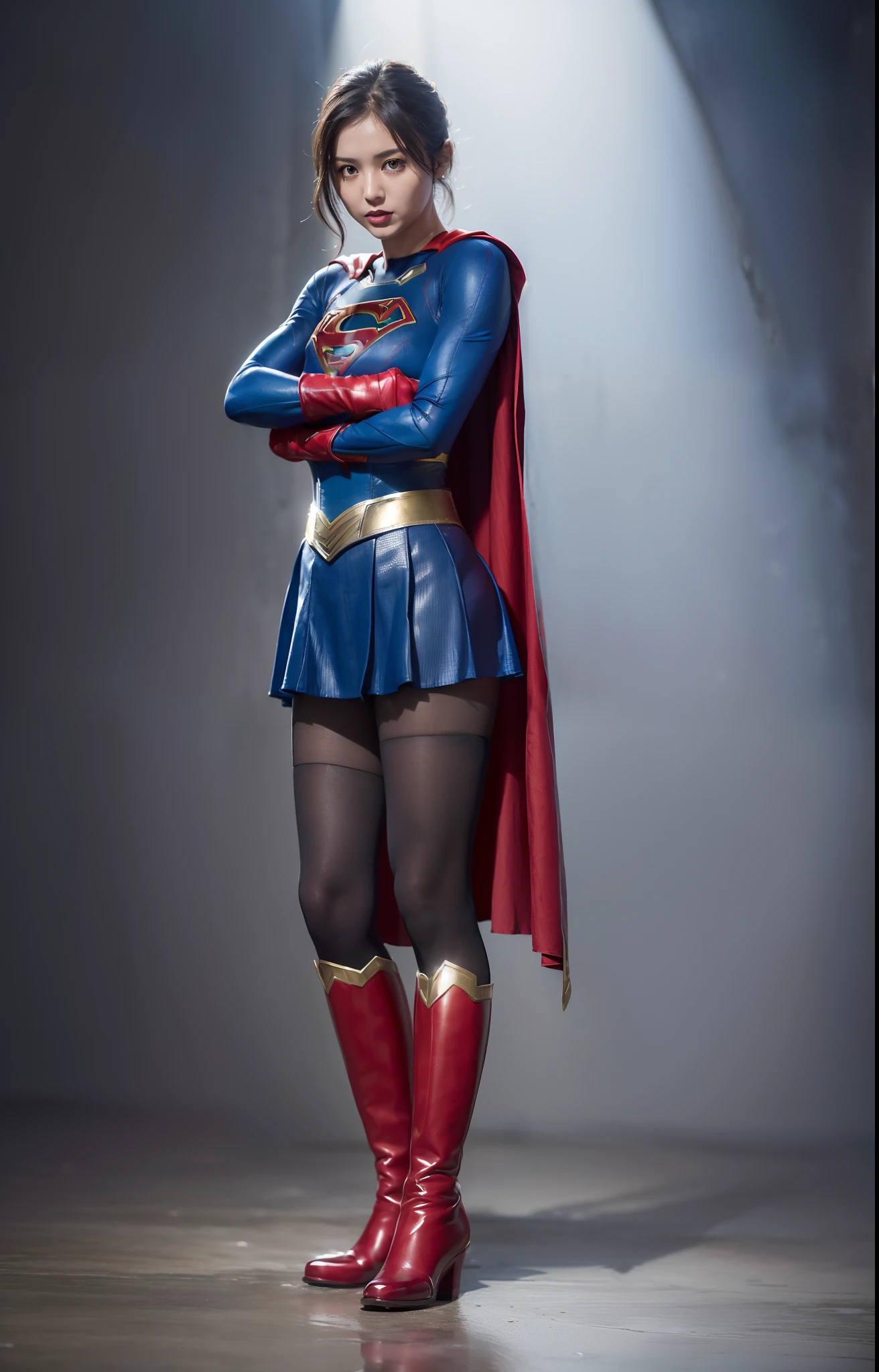(((Make the most of the original image)))、(((Supergirl Costume)))、(((lustrous dark hair)))、(((Suffering)))、(((Feet must necessarily be worn with black tights)))、(((You need to wear red boots)))、((Top image quality、8K))、((top-quality、8K、masterpiece:1.3))、Crisp focus:1.2、Beautiful woman with perfect body shape:1.4、Slender Abs:1.2、((layers-Cut、large boob:1.2))、a wet body:1.5、Highly detailed facial and skin texture、
