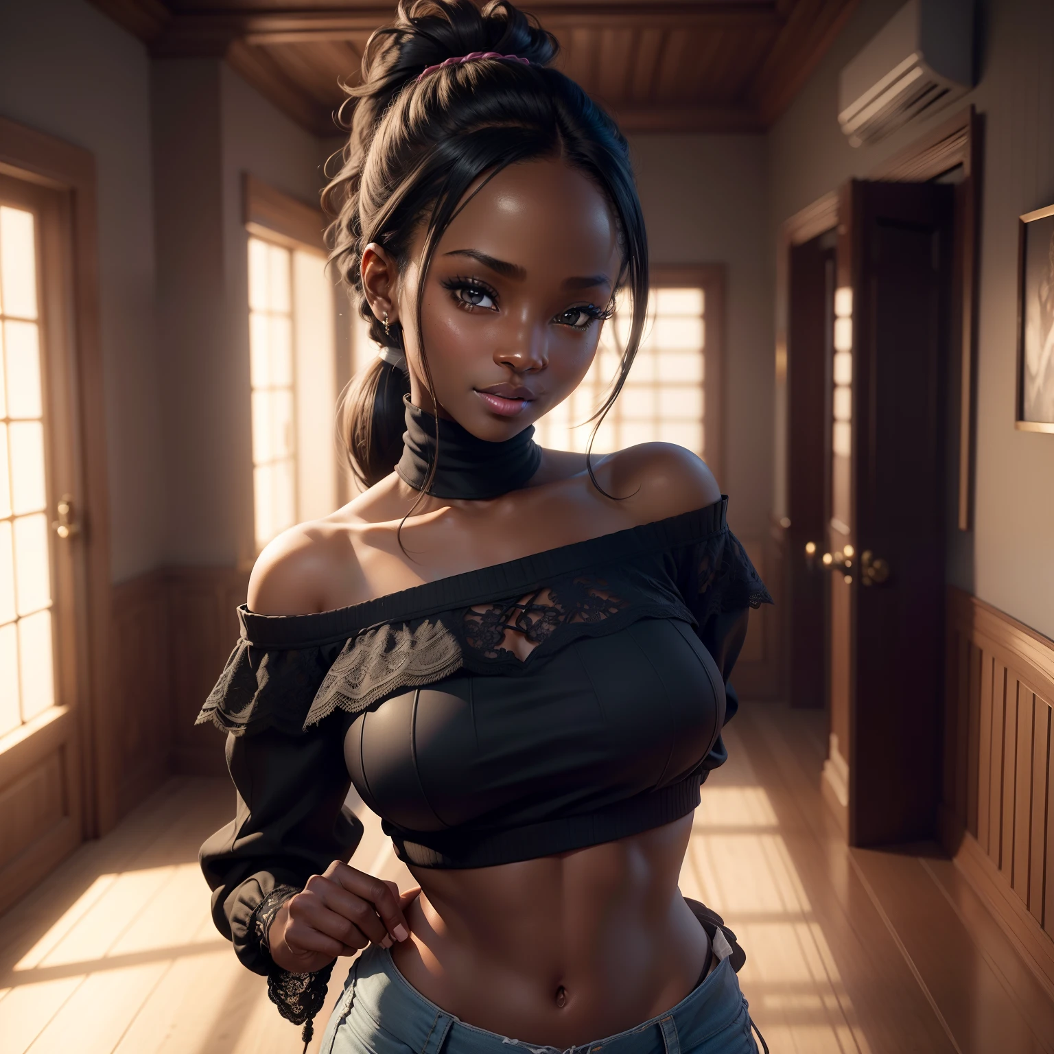 (A hyper-realistic)、(illustration)、(hight resolution)、(8K)、(highly detailed)、(Best Illustration)、(beautifully detailed eyes)、(top-quality)、(ultra-detailed)、( masterpiece)、(wall-paper)、(A detailed face),a close up of a woman, with brown skin, very dark brown skin, dark skinned, she has olive brown skin, dark-skinned, young black woman, black young woman, brown skinned, dark brown skin, brown skin, beautiful girl, turtleneck beige top, cowboy view, posterior view, turning back, ultra mini-skirt, detailed figure, fine detail, white lace cami, ((full body image:1.2))
