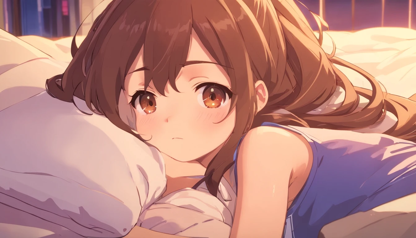 (1girl), masterpiece, best quality, super fine illustration, an extremely cute , highly detailed beautiful face, looking at viewer, 1girl, belt, closeup, looking at viewer, 4k, high res, ribbon, firis mistuld, blush, pov, twintail hair, white background, simple background, thick outline, purple eyes, (sleep), brown hair, chibi, love expression, ((brown hair)), (blood),