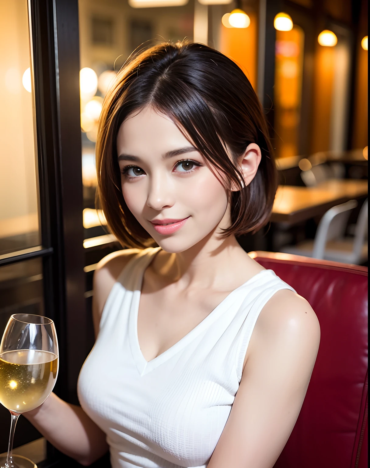 (64K, UHD, top quality, masterpiece: 1.2), (realistic, photorealistic: 1.37), super detailed, pretty woman 1 person, (slim face), (slim body), (brown hair), (short cut), cheeks slightly blushing, (44 years old), 38 years old, solo, beautiful detailed urban night view outside the window, restaurant, wine glasses sit, at night, in a prominent placeNovaFrogStyle, Actress, Model, Waist Up, White Wine, Slim, Wine Glass, Super Clean Night View, Wine Glass Put in the Middle, Happy Smile, (Smile: 1.15), Beautiful Fine Eyes, Upper Body, Bust Japan Up, Night, Short, Short, Actress, Model, Waist Up, White Wine, Slim, Wine Glass, Super Clean Night View, Wine Glass Put in the Middle, Happy Smile,