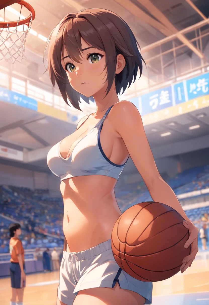 1 woman, full body, squating, focus back, aroud butts, 40k, insane quality, masterpiece, sports uniform, with a basketball, big boobs, (((bare breasts:1,5))), brushed nipple, big nipple, big hips, brown skin, african american hair, full lips, glossy lips, sweat in the body, seductive expression, looking at camera daylight,