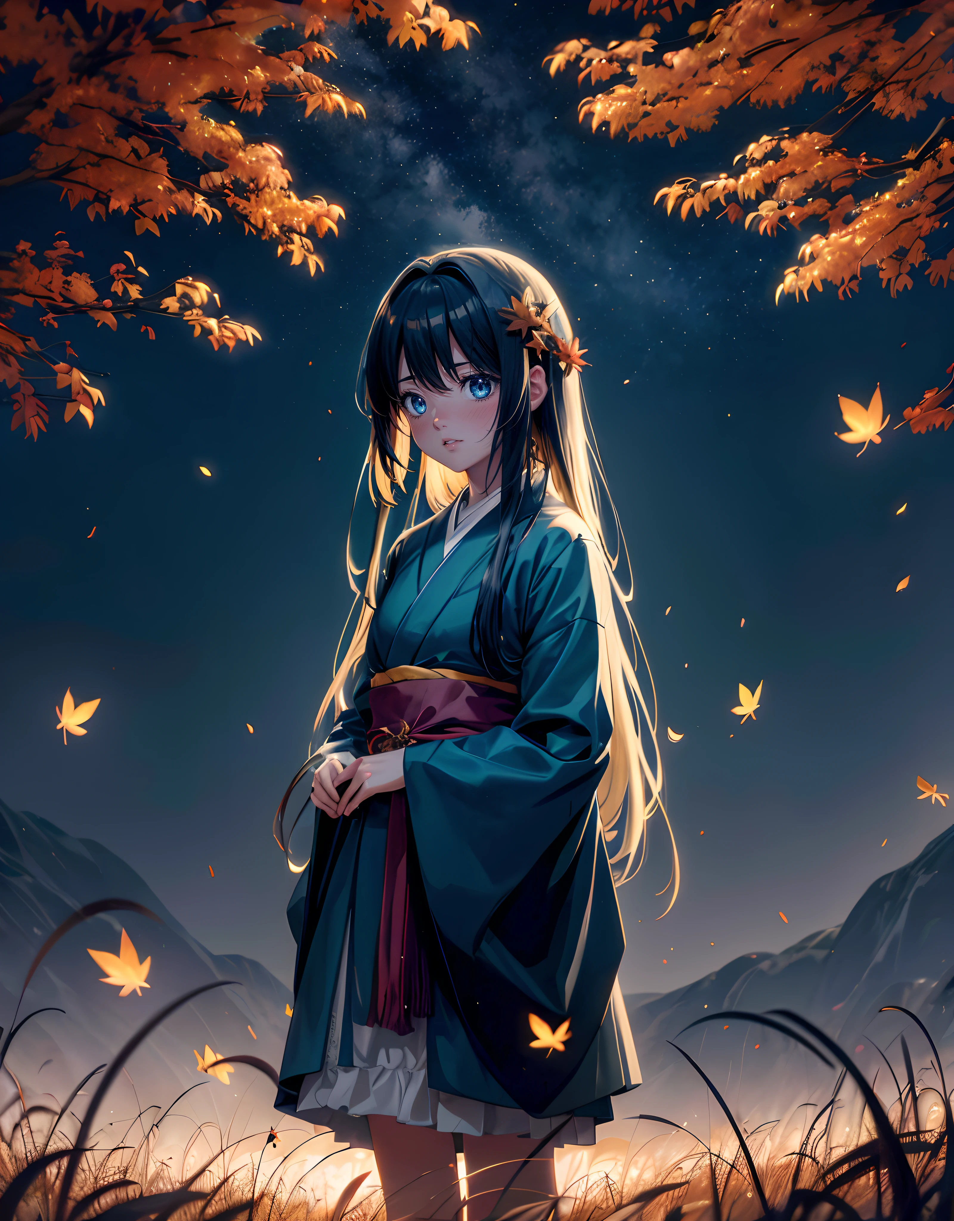 Night Landscape, Anime landscape flower field of glow flowers and lots of glow big particle around in the standing back japanese girl (the girl so far), falling down leaf, full of glow falling down leaf, fireflies, very many lots of fireflies, falling long down meteor, anime art wallpaper 4k, Top quality masterpiece, deep focus, macro shot, fliying fireflies, lots of blur cicle glow, falling leaf, falling leaf is a smooth glow light, anime, object, color combination masterpiece, dark blue morning, reflection, beautiful anime scene, japanese concept landscape art, volumetric lighting, bokeh, anime beautiful peace scene, pure lanscape, 4k beautiful anime, intricate, elegant, point of interest photography, perfect dark morning landscape anime (masterpiece, side glow lighting, finely detailed beautiful lanscape), long hair, lots of hair, ray of light, rule of third photography, point of interest photography, perfect landscape color tone, Fog, saturation glow light, solid night sky, wonderful composition, the long cloth is a composition masterpiece, lighting masterpiece