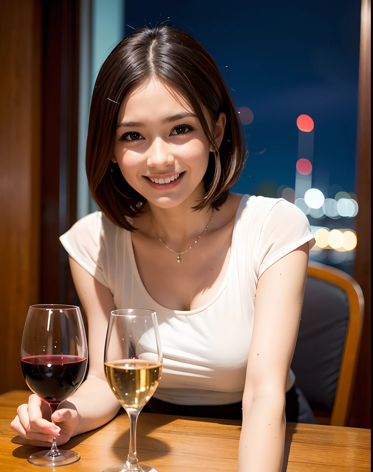 (64K, UHD, top quality, masterpiece: 1.2), (realistic, photorealistic: 1.37), super detailed, pretty woman 1 person, (slim face), (slim body), (brown hair), (short cut), cheeks slightly blushing, (44 years old), 38 years old, solo, beautiful detailed urban night view outside the window, restaurant, wine glasses sit, at night, in a prominent placeNovaFrogStyle, Actress, Model, Waist Up, White Wine, Slim, Wine Glass, Super Clean Night View, Wine Glass Put in the Middle, Happy Smile, (Smile: 1.15), Beautiful Fine Eyes, Upper Body, Bust Japan Up, Night, Short, Short, Actress, Model, Waist Up, White Wine, Slim, Wine Glass, Super Clean Night View, Wine Glass Put in the Middle, Happy Smile,