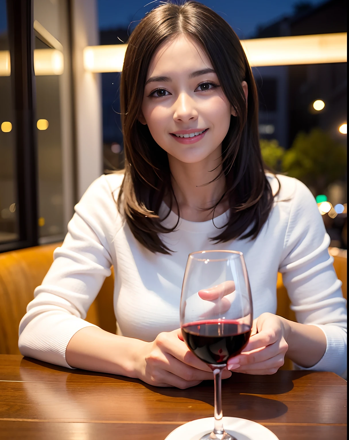 ((Highest quality、8K、masterpiece:1.3))、Shortcuts、cute、slimカップル、modelカップル、actress男優、(Realistic, Intricate details:1.2), full-course dinner、Wine Party、Amazing view of the sunset sky and clouds、A bright smile、short hair,Bright Face、 (Age 45), 42 years old, red wine 、Appetizers、Italian food、Wine bottle、Champagne、sparkling wine、Two beauties、Brown Hair、Shortcuts、Long sleeve shirt、dress、Beautiful woman 1, (slimな顔), (The body is slim), (Brown Hair), (Shortcuts), cheeks turn a little red,Attractive beauty、restaurant, In a prominent place (From the waist up) Nova Frog Style, actress, model, Upper Body, White wine, slim, wine glass, 中央に置かれたwine glass, smile, (smile: 1.15), Beautiful fine grain, Depth f/2,saturation, High Contrast, Strong light and shadow,Moist Body:1.5、3D texture、Delicate eyes、Brown Hair、The hair is very shiny、