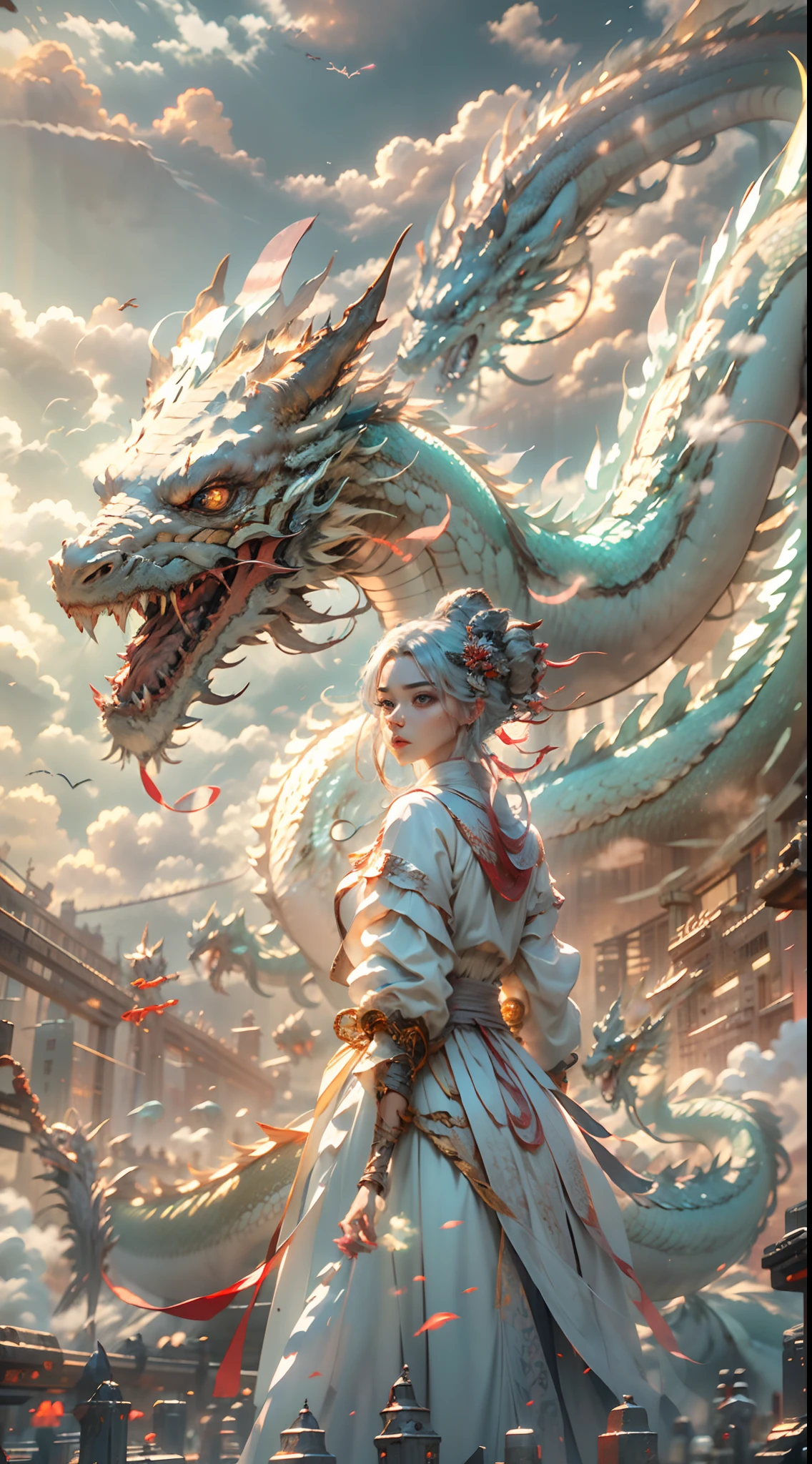 The Chinese White Divine Dragon soared into the air,(Girl manipulates dragons:1.3),(The girl has her back to the camera:1.3),Girls are smaller,Sky clouds surround the surroundings,Light magic,Fantastic background,Meaning background,Ridiculous background,There are artistic overlays,multicolored hair, surrealism, Cinematic lighting, Ray tracing, god light, speed-line, angle of view, hyper HD, Masterpiece, Best quality, Super detail, A high resolution, High quality,(Far view:1.3)