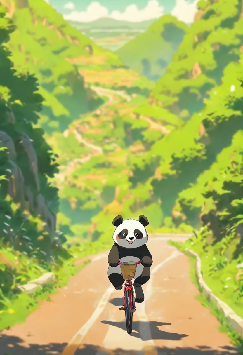 A cute panda is riding a bike,riding on the road, endless rolling hills, Cycling!!, long shot from back, In the distance, Medium Shot Shot, hills in the background, long shot from back, Check mileage, green pastures stretch for miles, with his back turned, looking towards the horizon, shot on iphone