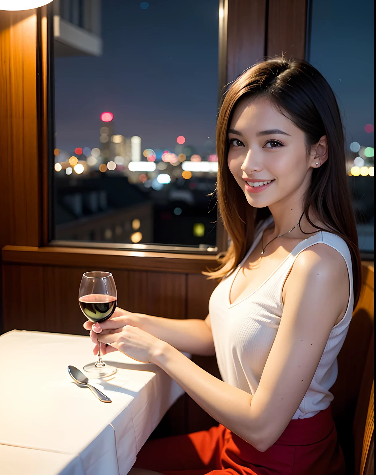 (64K, UHD, top quality, masterpiece: 1.2), (realistic, photorealistic: 1.37), super detailed, pretty woman 1 person, (slim face), (slim body), (brown hair), (short cut), cheeks slightly blushing, (44 years old), 38 years old, solo, beautiful detailed urban night view outside the window, restaurant, wine glasses sit, at night, in a prominent placeNovaFrogStyle, Actress, Model, Waist Up, White Wine, Slim, Wine Glass, Super Clean Night View, Wine Glass Put in the Middle, Happy Smile, (Smile: 1.15), Beautiful Fine Eyes, Upper Body, Bust Japan Up, Night, Short, Short, Actress, Model, Waist Up, White Wine, Slim, Wine Glass, Super Clean Night View, Wine Glass Put in the Middle, Happy Smile,
