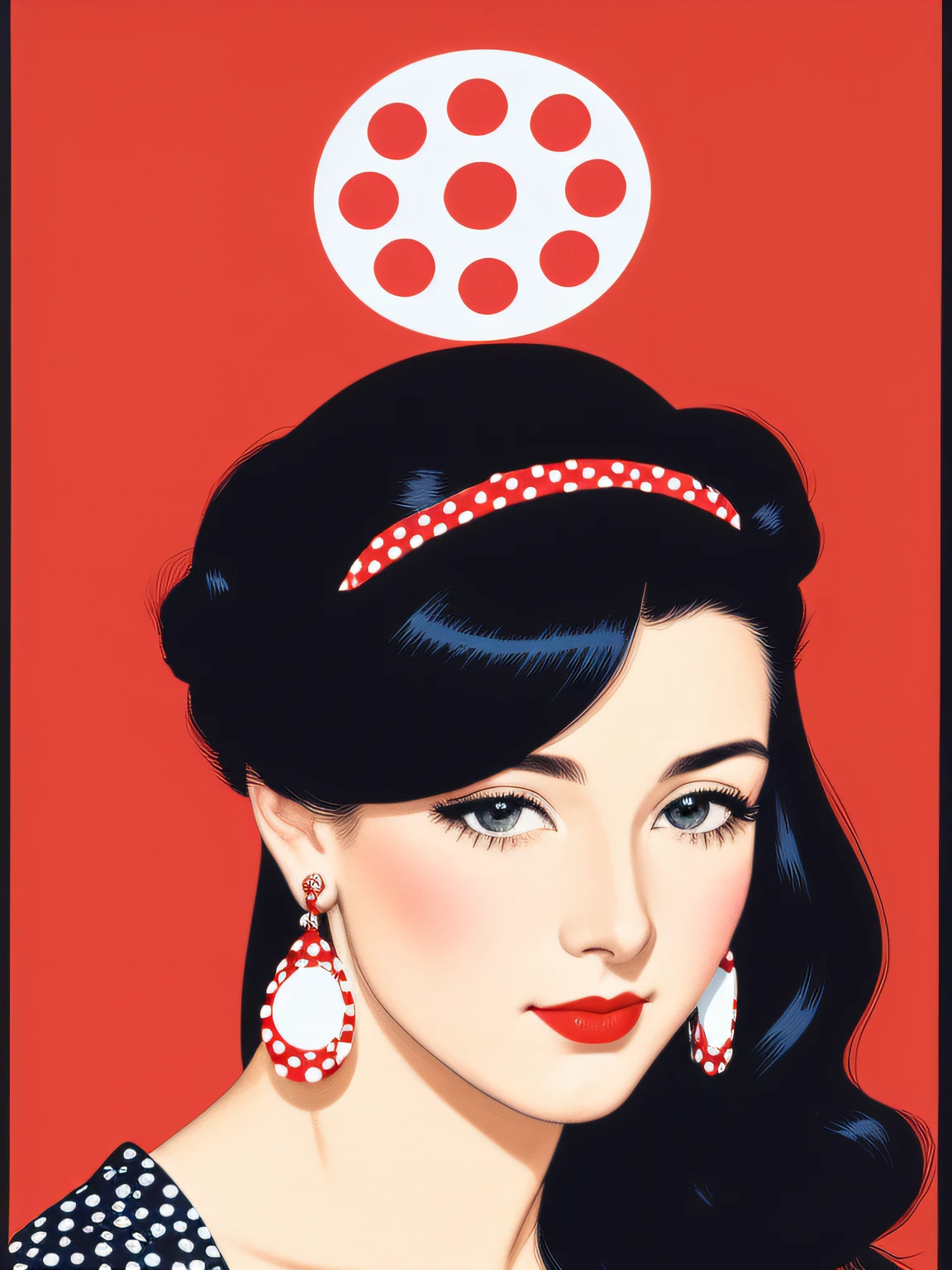 Polka dots on background　　Wearing red lipstick and small black earrings、In the axis of light、　taisho roman　Japan Manga　America in the 70s　Mary Cassatt、patrick nagel、Looking at the camera with cynicism((Film noir))Portrait painting