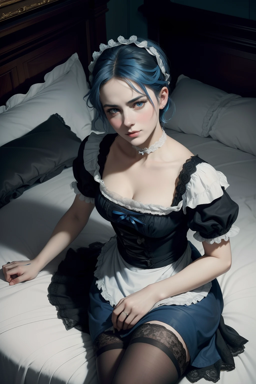 1 Lady, (french maid:1.3), (blue punk hair), ((black and white dress)), (sad face:1.3), (lace stockings:1.2), (from above), (undercut blue hair), (short Blue Hair), ((royal bedroom)), (dark eyes:1.3),((lying on the bed: 1.6)),((look at me)), (oil painted), oil painting, majestic oil painting, realistic, (Pre Raphaelite Painting), Leonardo da Vinci, Raphael, Peter Paul Rubens, Artemisia Gentileschi, Sofonisba Anguissola, Plautilla Nelli, (historical), (chiaroscuro), light and dark, Baroque aesthetics, renaissance art style