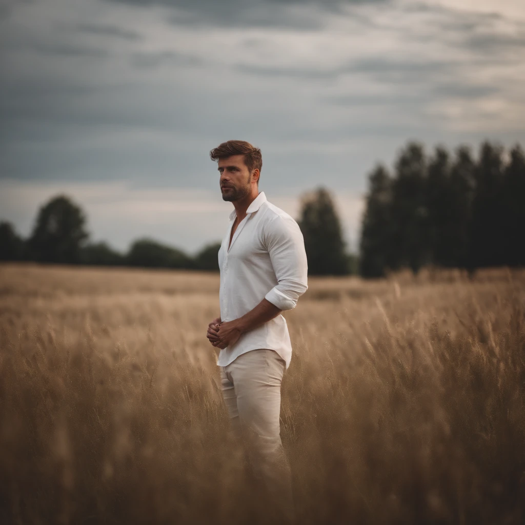 Man standing in a field, Album cover, wood, White clothes, a meadow