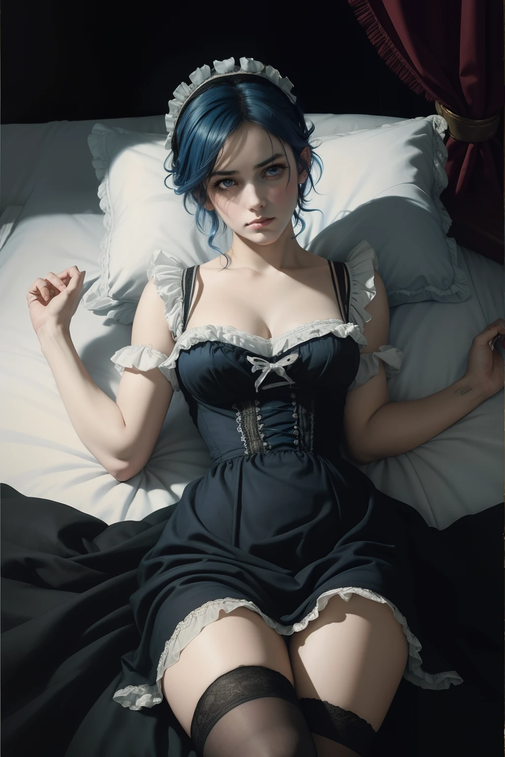1 Lady, (french maid:1.3), (blue punk hair), ((black and white dress)), (sad face:1.5), (lace stockings:1.2), (from above), (undercut blue hair), (short Blue Hair), ((royal bedroom)), (dark eyes:1.3),((lying on the bed: 1.6)),((look at me)), (oil painted), oil painting, majestic oil painting, realistic, (Pre Raphaelite Painting), Leonardo da Vinci, Raphael, Peter Paul Rubens, Artemisia Gentileschi, Sofonisba Anguissola, Plautilla Nelli, (historical), (chiaroscuro), light and dark, Baroque aesthetics, renaissance art style