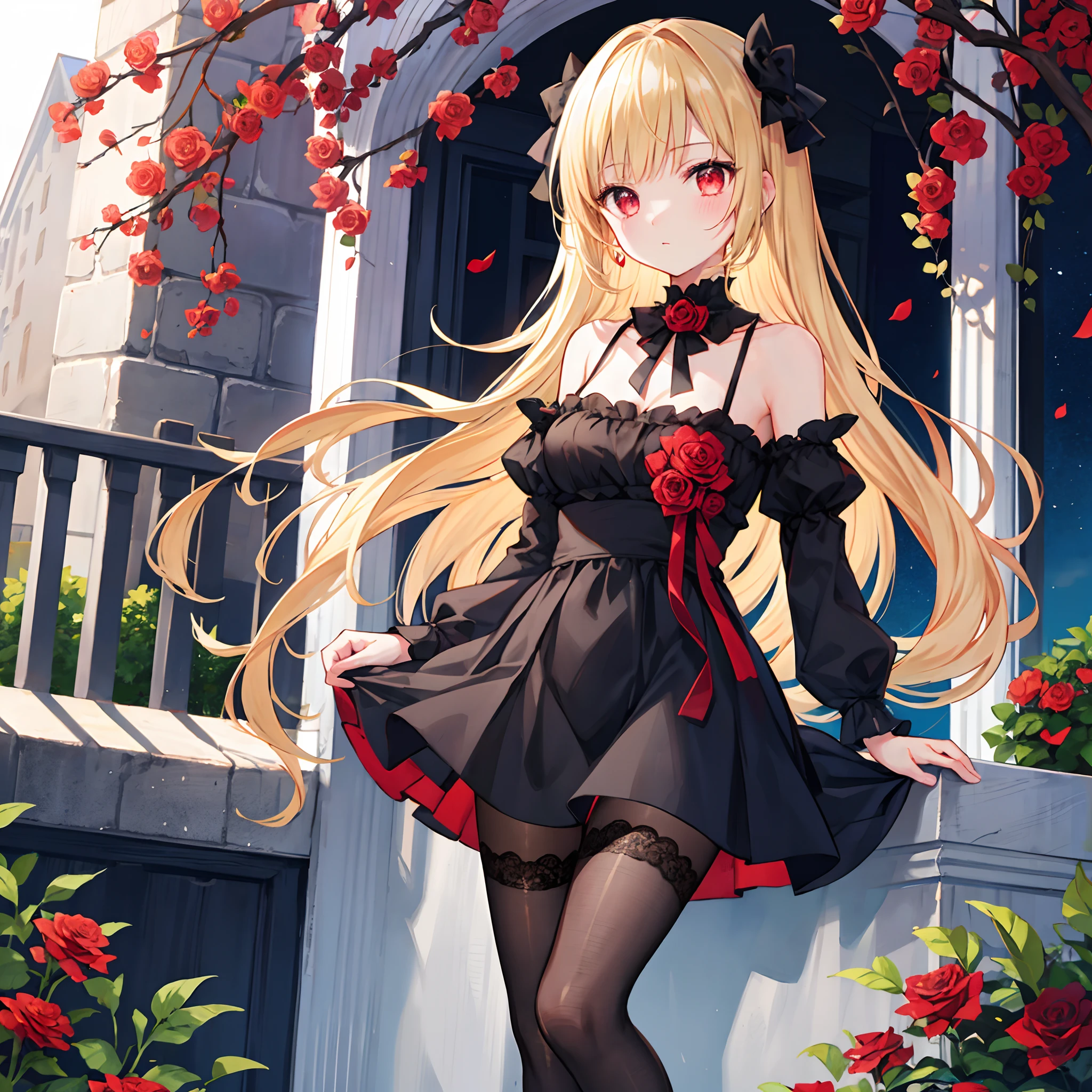 Wavy blonde、red eyes、Beautiful girl alone、Black dress、off shoulders、a miniskirt、Black tights、Bright red rose garden