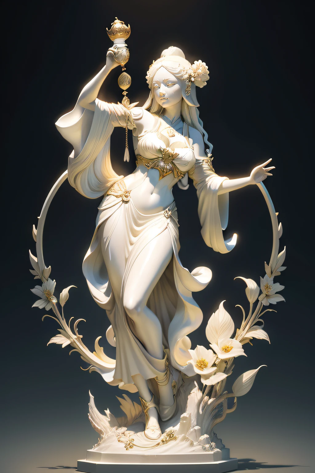 Hanfu woman on the moon,period costume,Hair flutters,The skirt horns fly,Empty inspiration,Holding a lute statue, Inspired by Chen Rong's marble sculptures, featured on zbrush central, Art Nouveau, ivory carving, carved ivory, Goddess. Extremely high detail, extremely detailed goddess shot, Ornamental bone carvings, Persephone sculpture, resin statue, highly detailed sculpture, guanyin of the southern seas